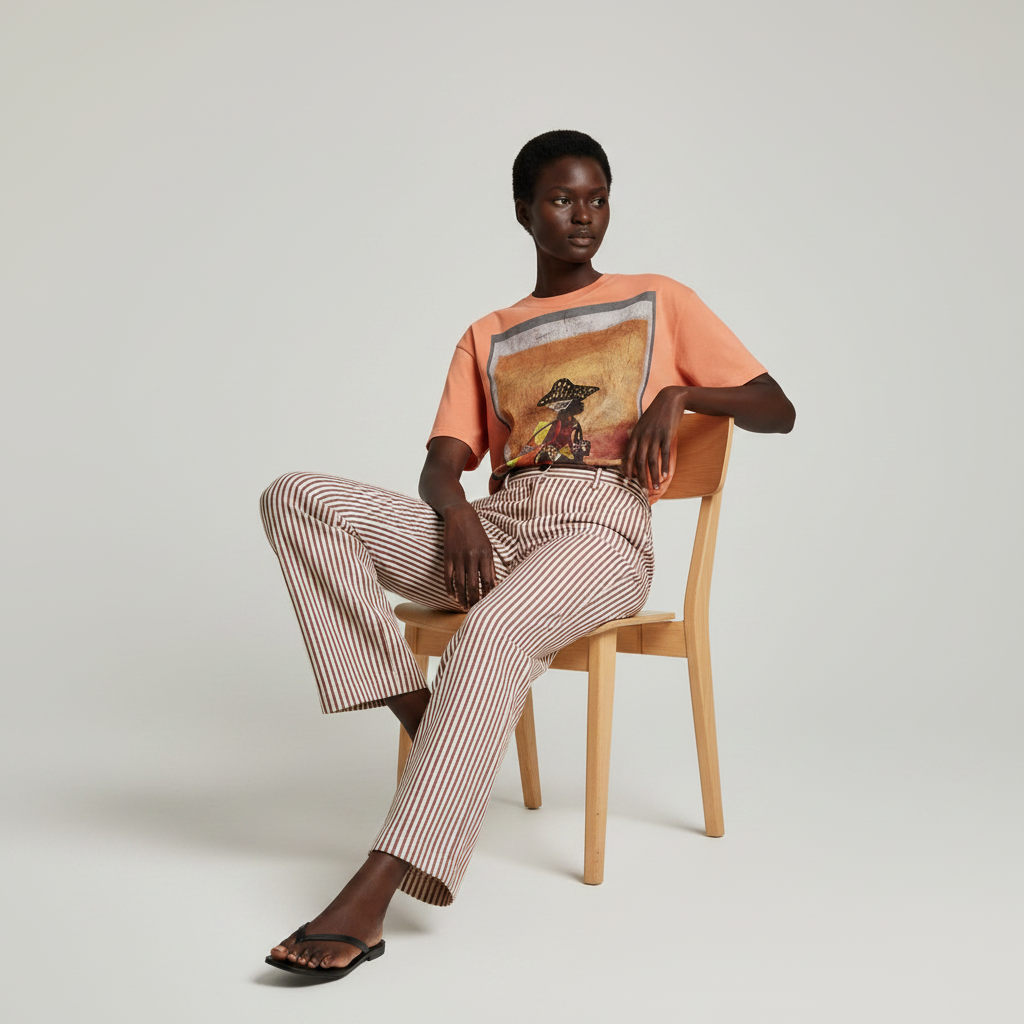 female model sitting in a chair wearing heavyweight garment dyed graphic t-shirt 