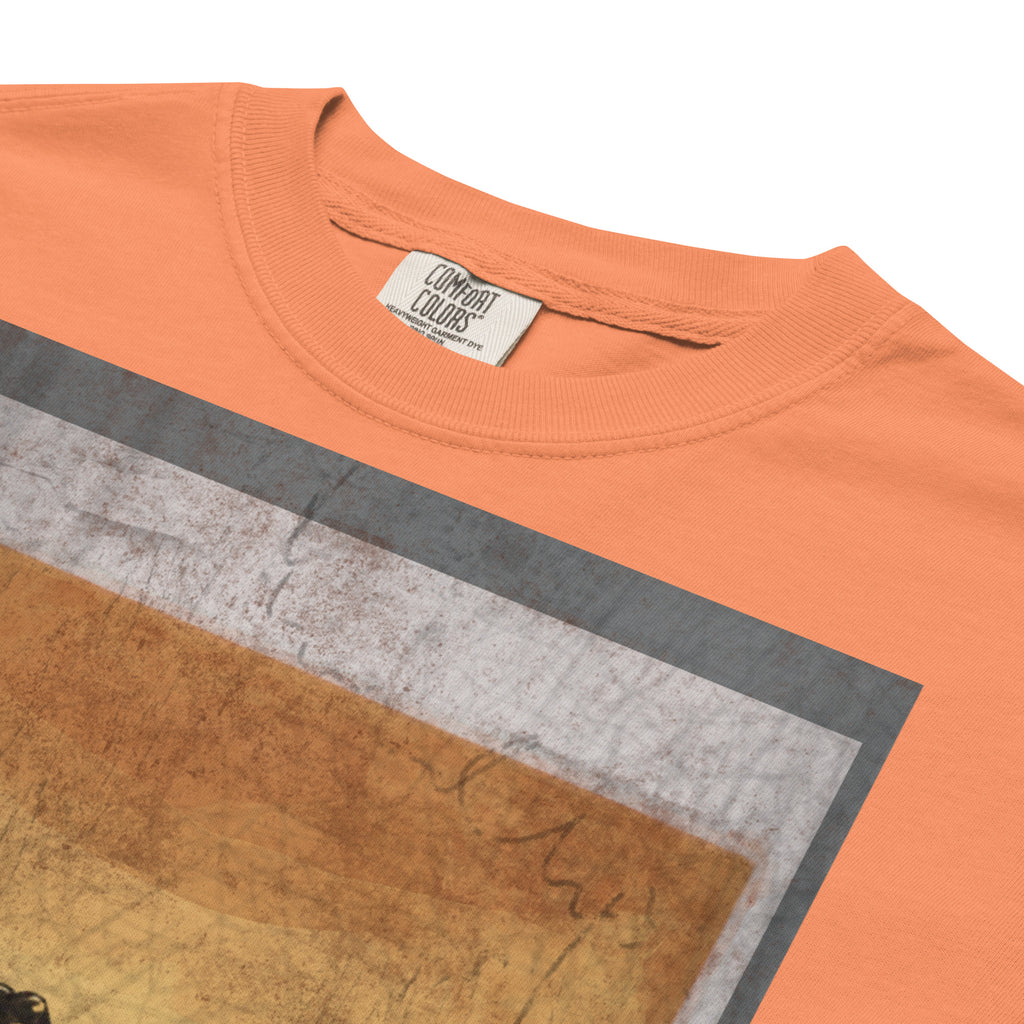 close up t-shirt detail of heavyweight garment dyed graphic t-shirt