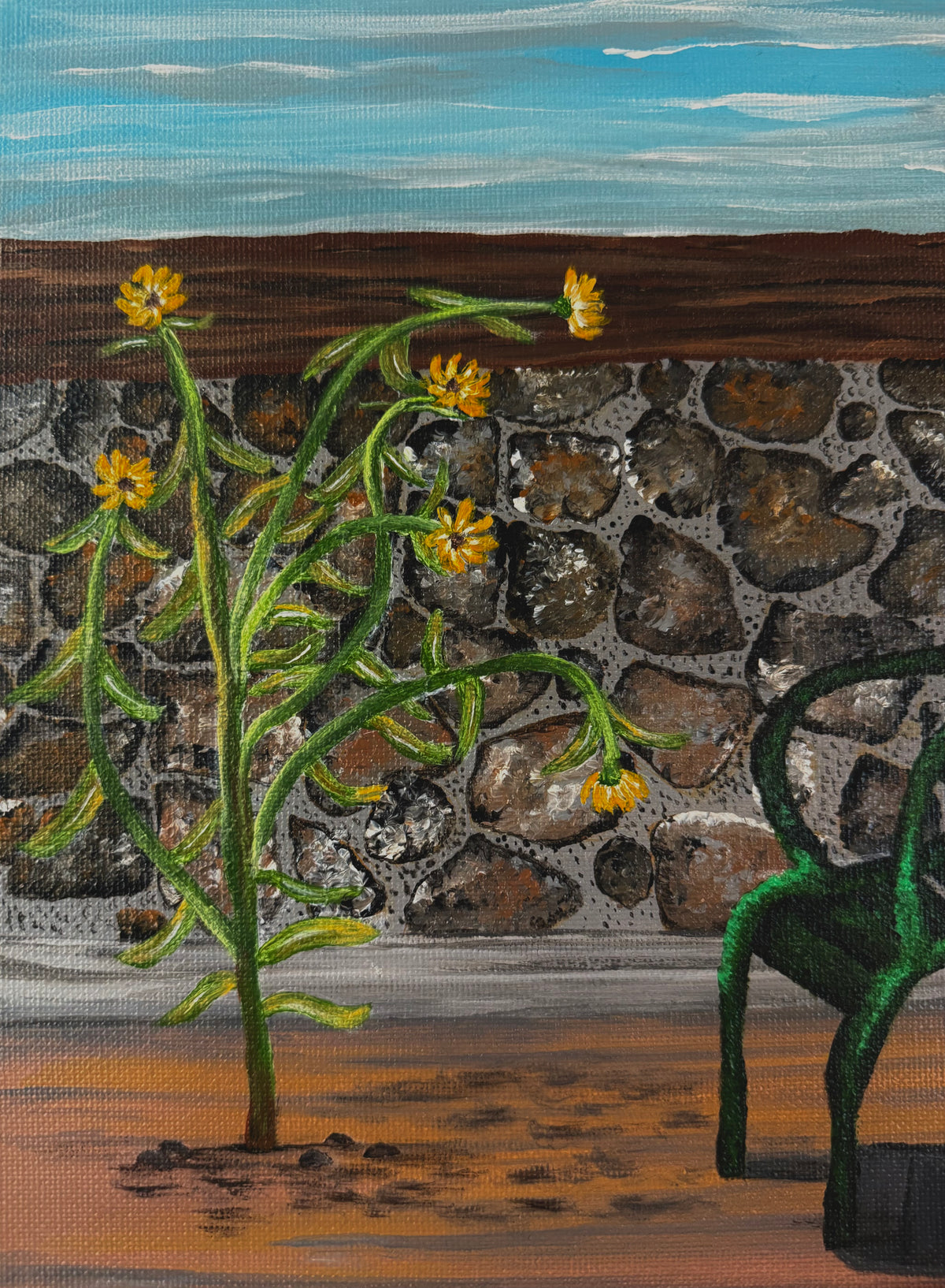 Yellow wildflowers beside a stone wall in an original figurative landscape painting