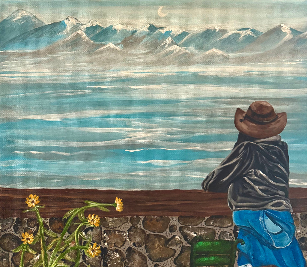 Original figurative painting of a woman overlooking turquoise mountain waters