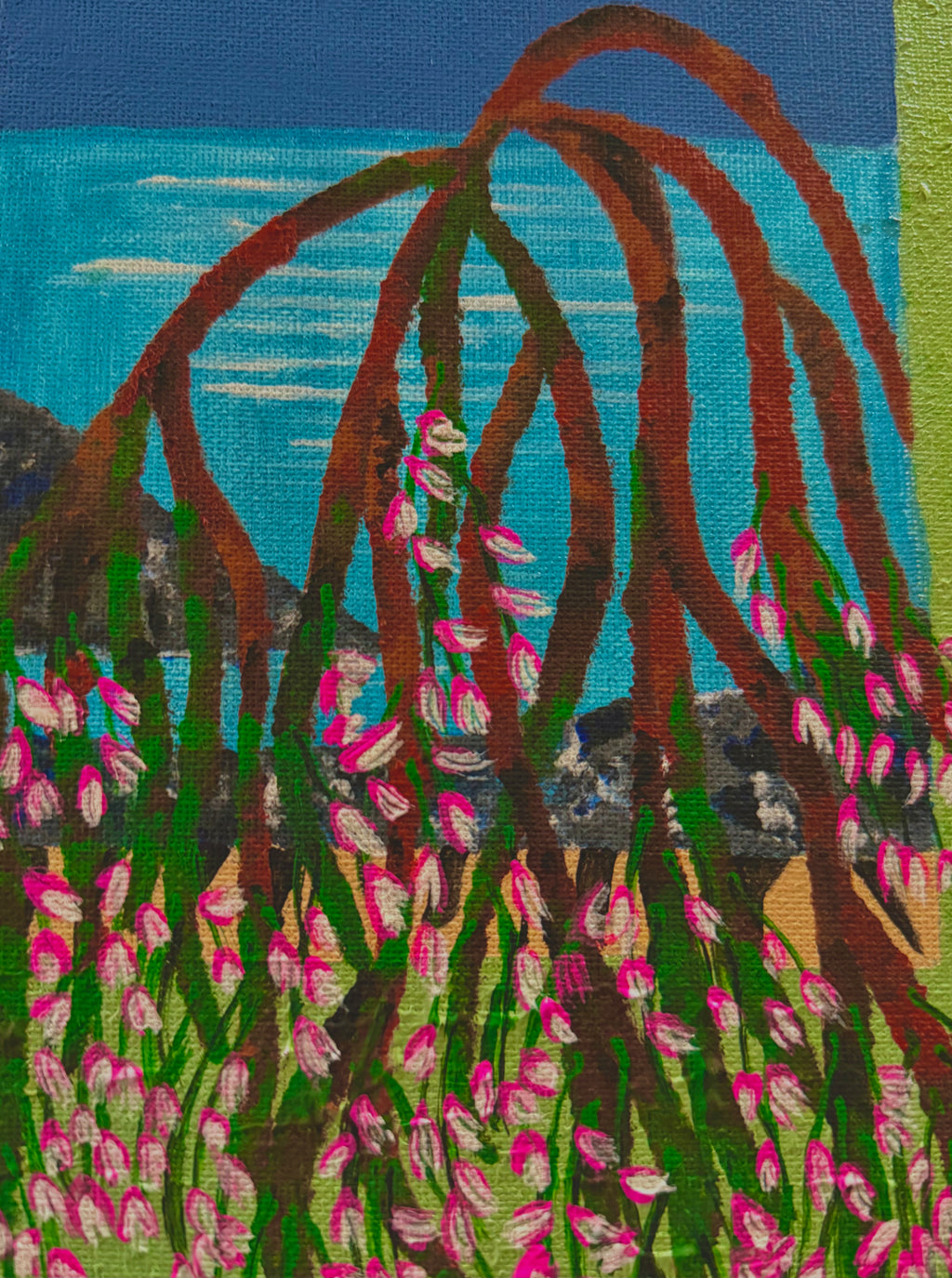 close up of vertical night landscape art featuring expressive floral brushstrokes