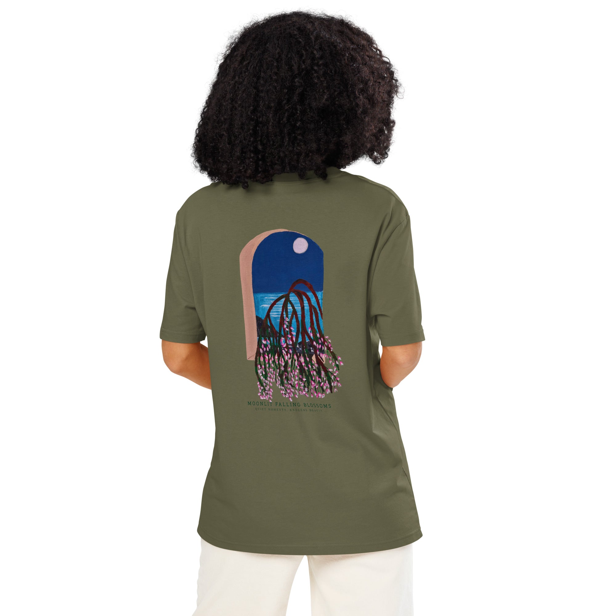 back view of unisex moonlit flower print t-shirt ribbed neck