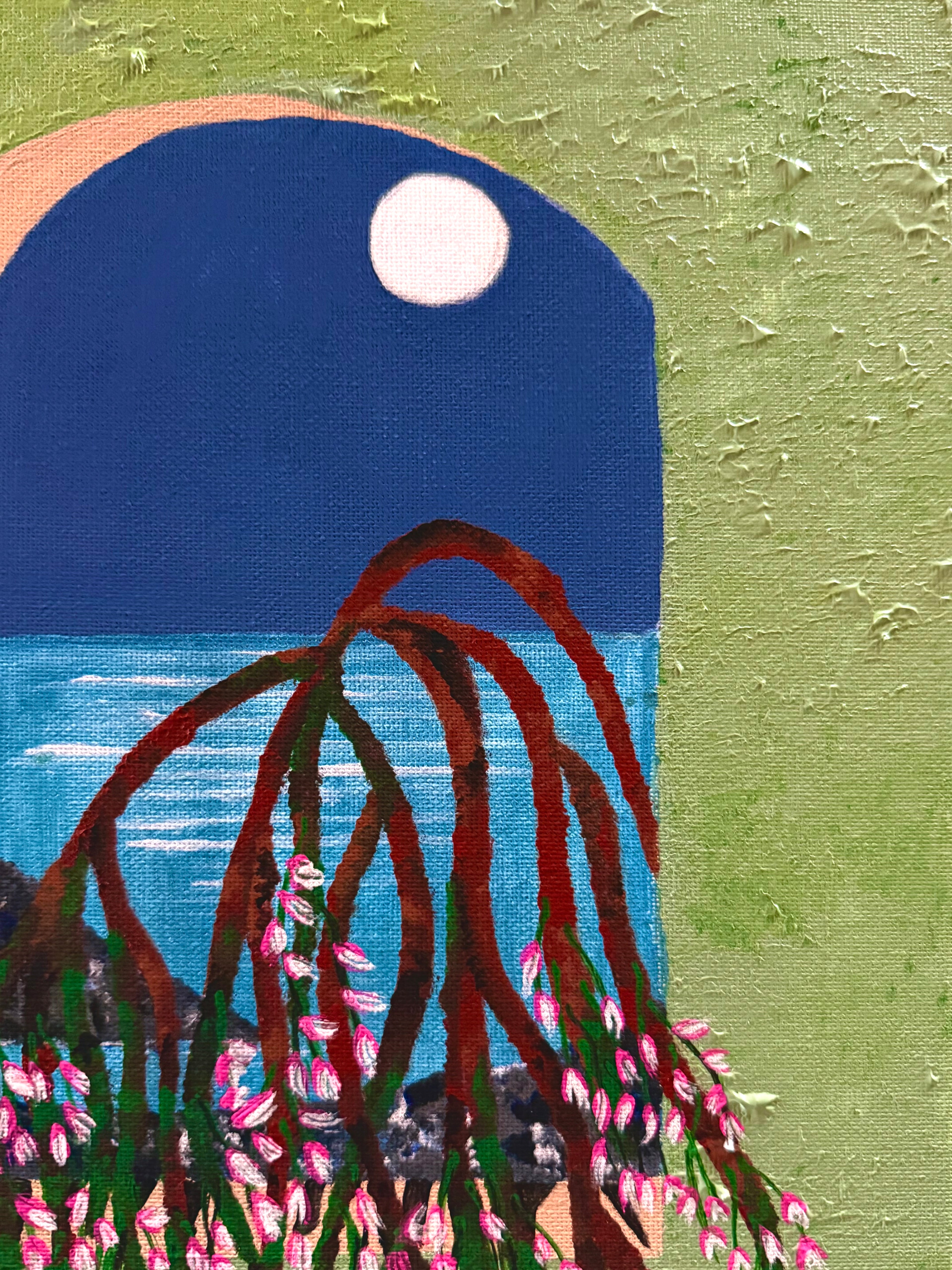 moon inspired flower painting on canvas textured brushwork close up