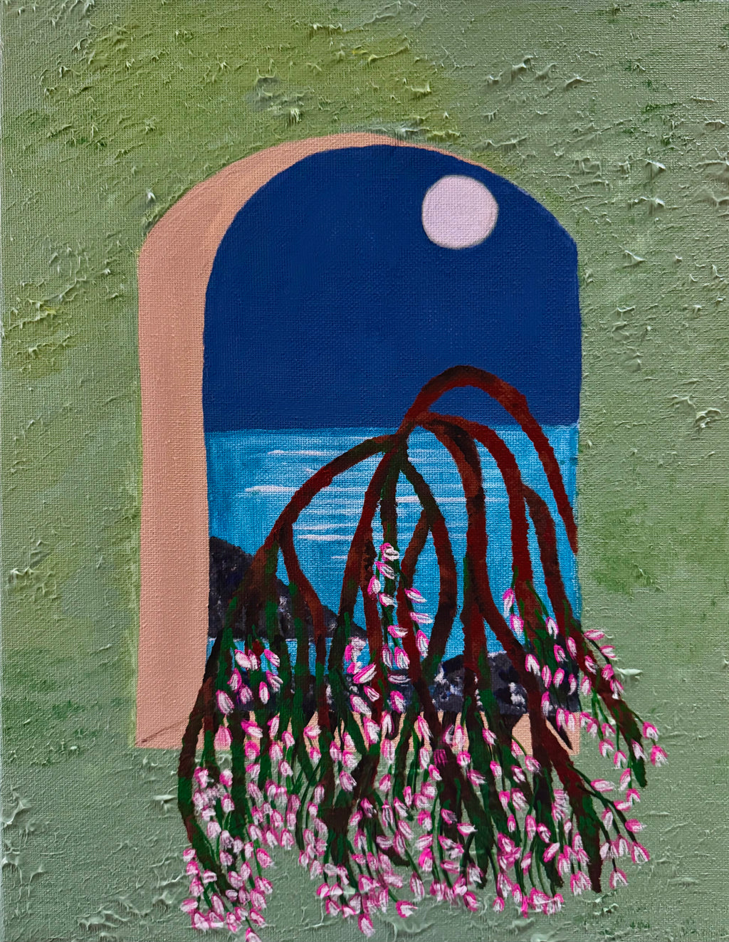 original 11x14 canvas painting moonlit flowers and blossoms