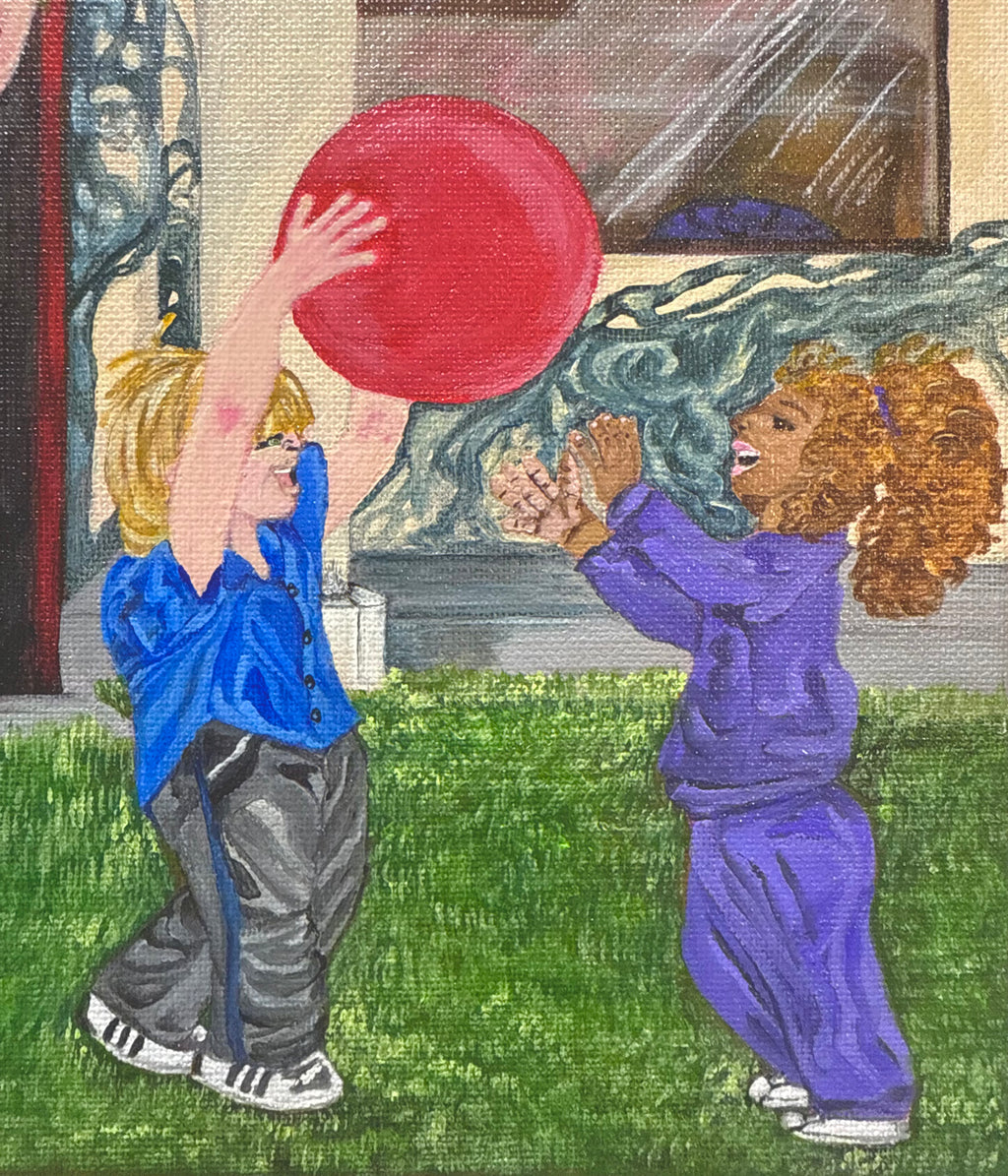 boy and girl playing outside with a red ball original artwork