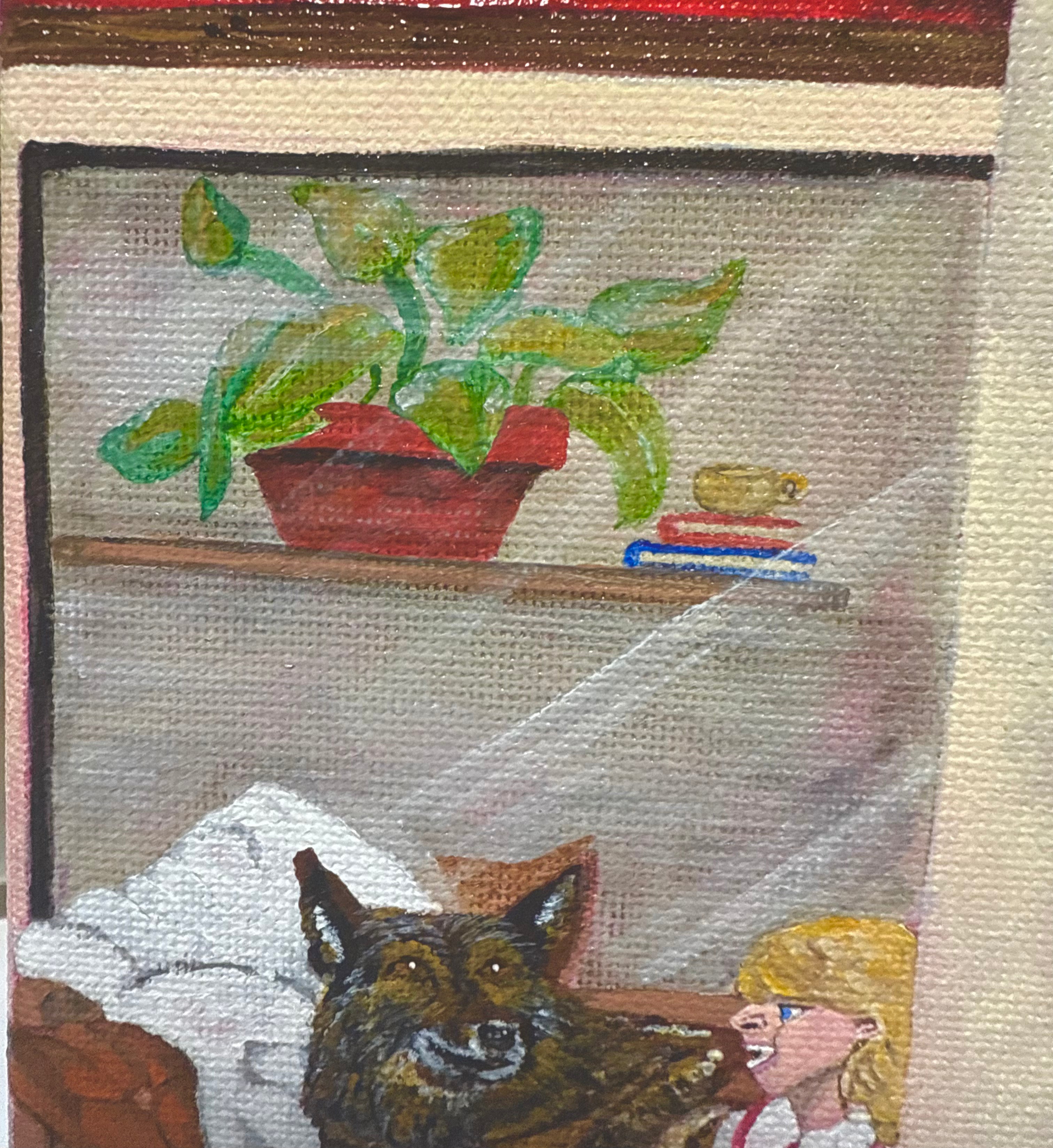 close of of plant inside the house with dog and little girl in original 11x14 motherhood painting 