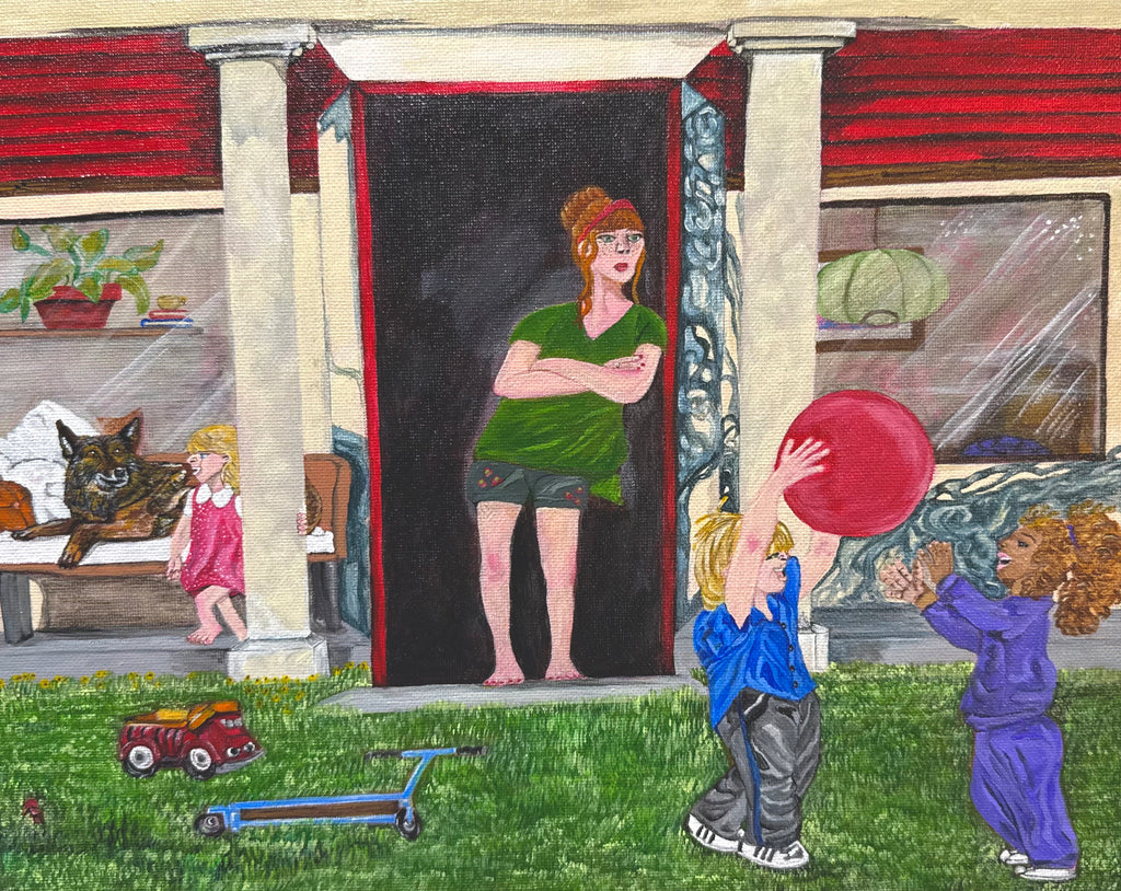 naive figurative painting of a mother watching children play outside 