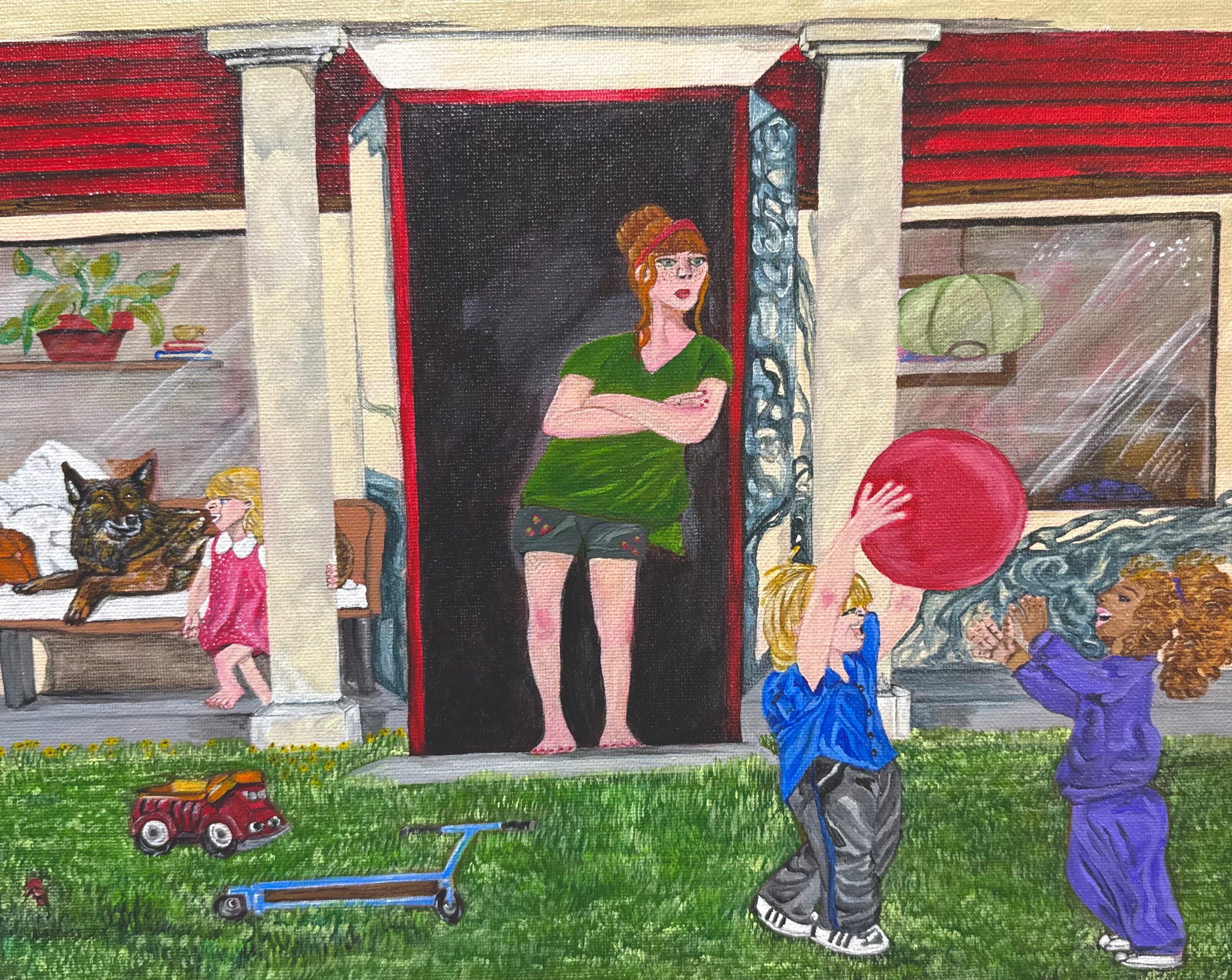 naive figurative painting of a mother watching children play outside 