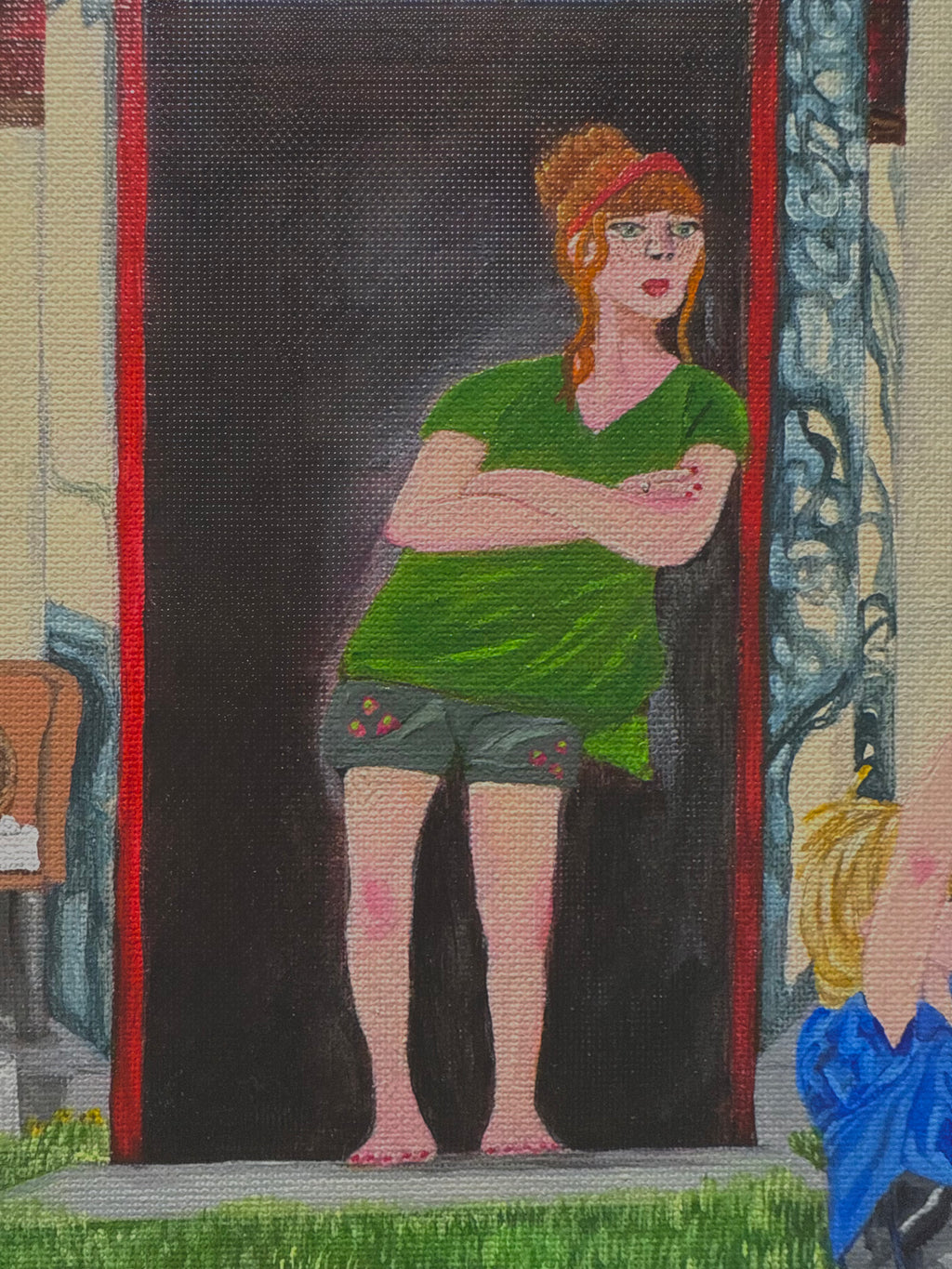 original canvas artwork scene of mother watching her children play