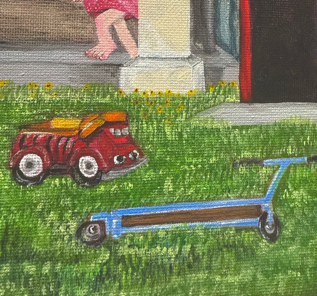 original 11x14 motherhood painting of toys left on the grass 