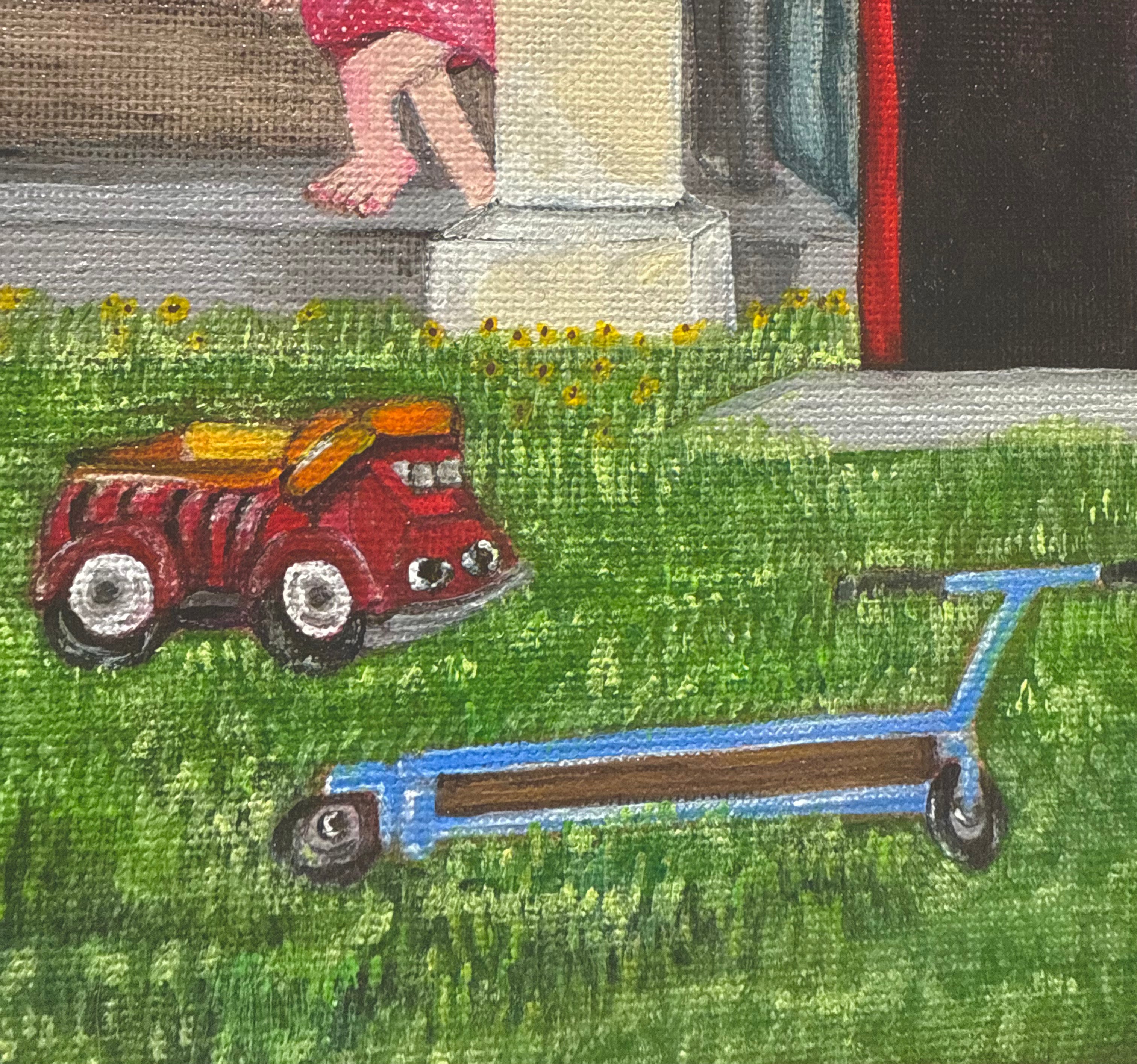 original 11x14 motherhood painting of toys left on the grass 