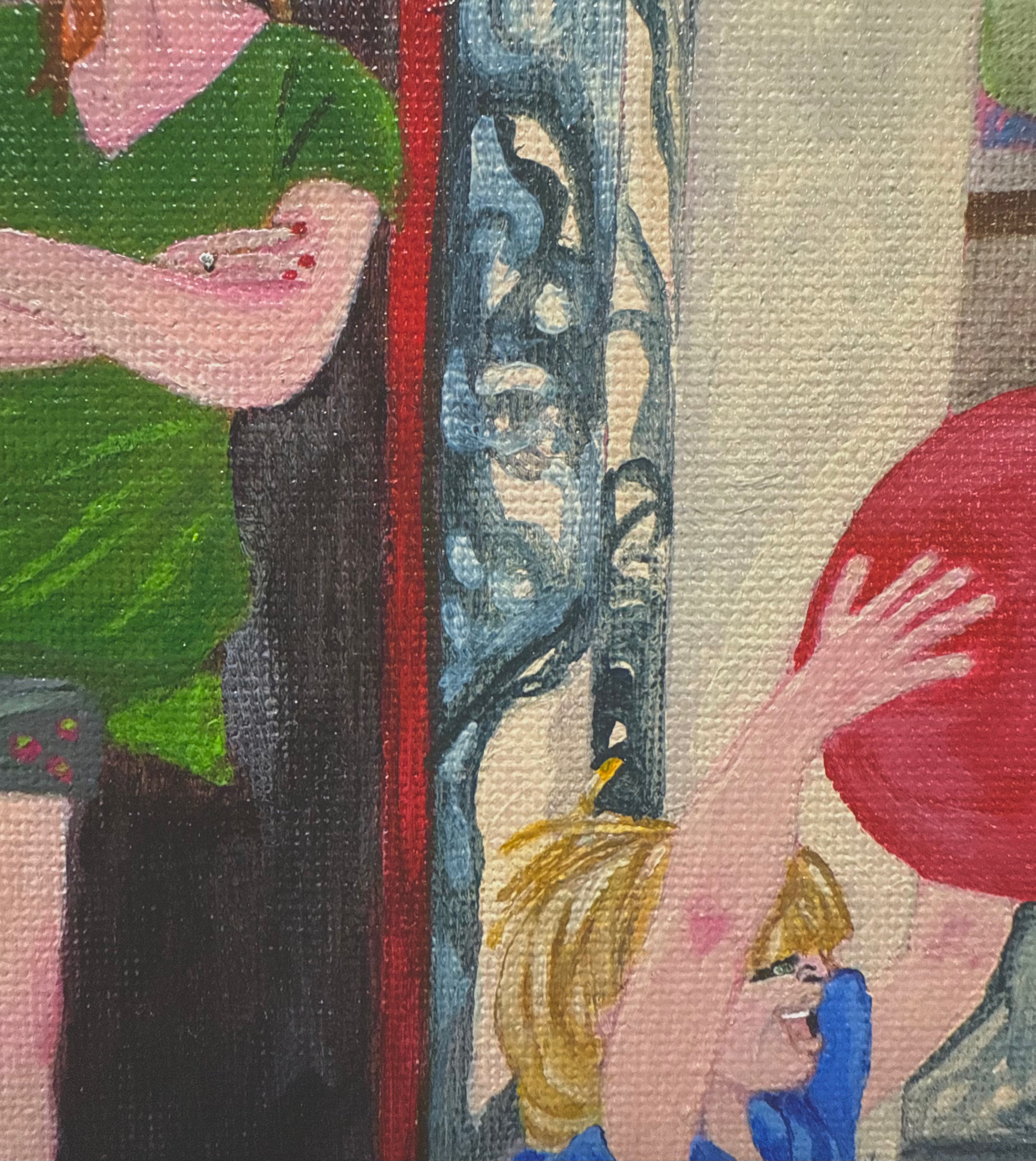 1114 original painting of mother watching children play wedding ring close up