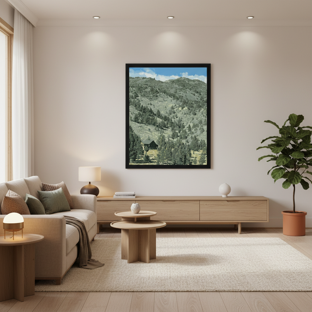 Modern living room with a framed mountain landscape picture on the wall, beige sofa, wooden coffee table, and decorative items.