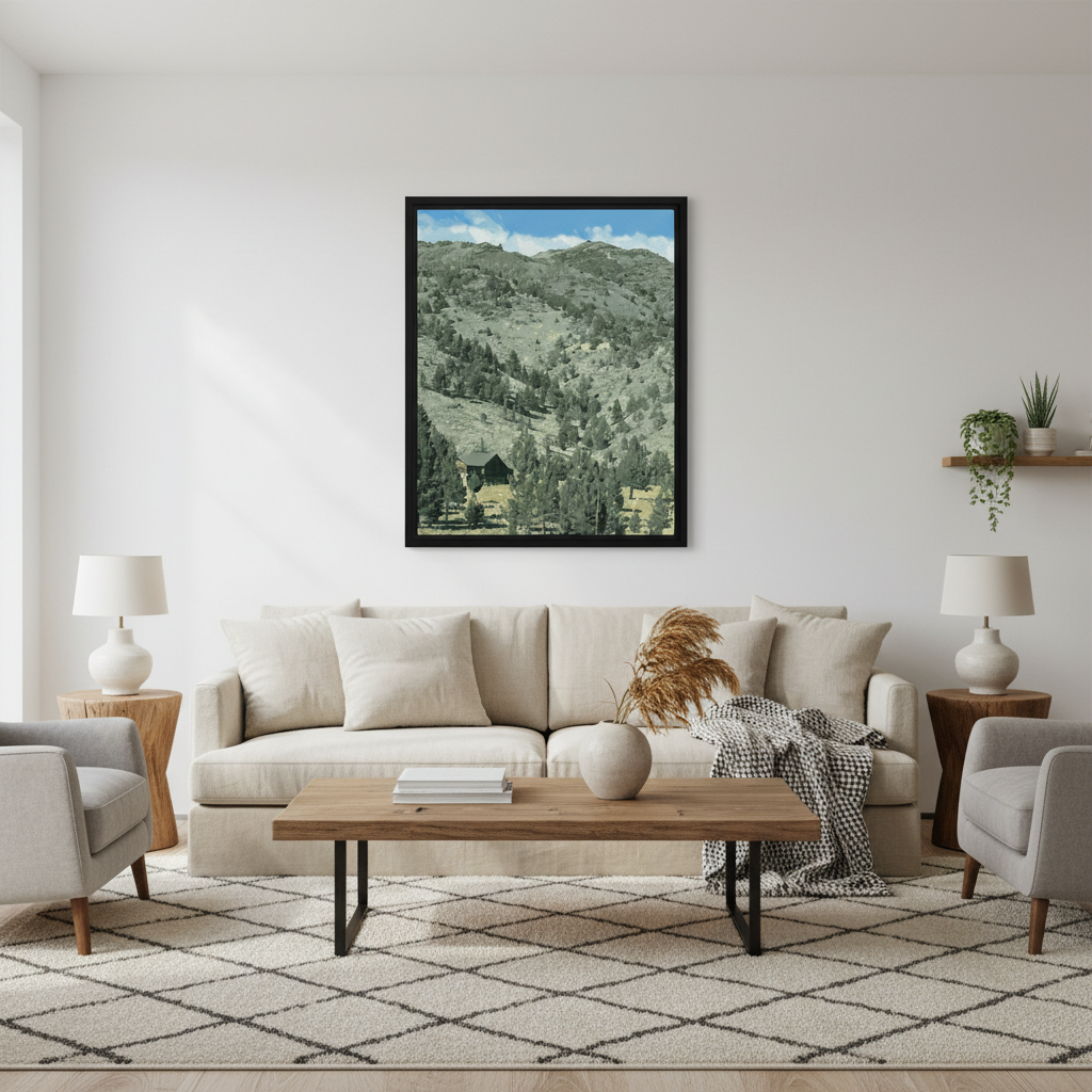 Living room with a beige sofa, wooden coffee table, and framed mountain cottage landscape print on the wall.
