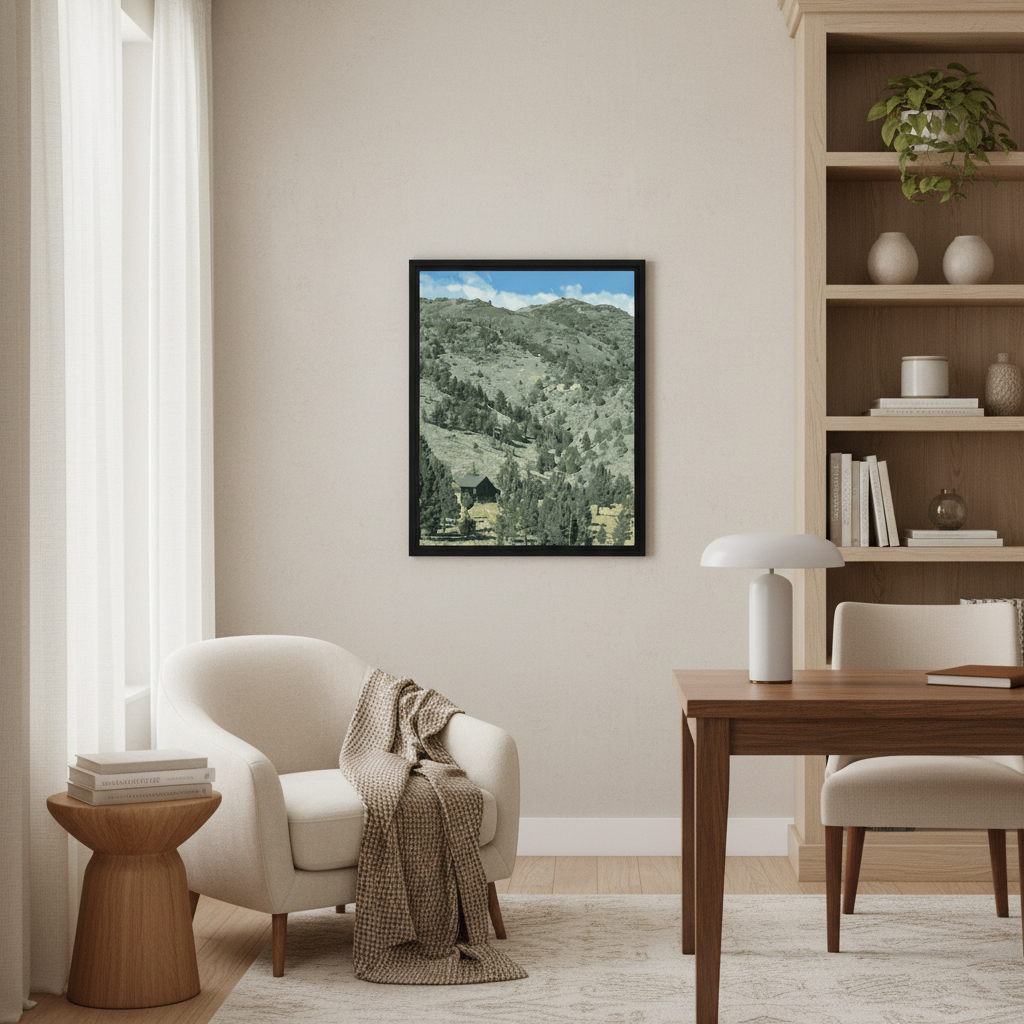 Modern living room with a mountain cottage framed landscape print on the wall, a beige armchair, and a wooden table.