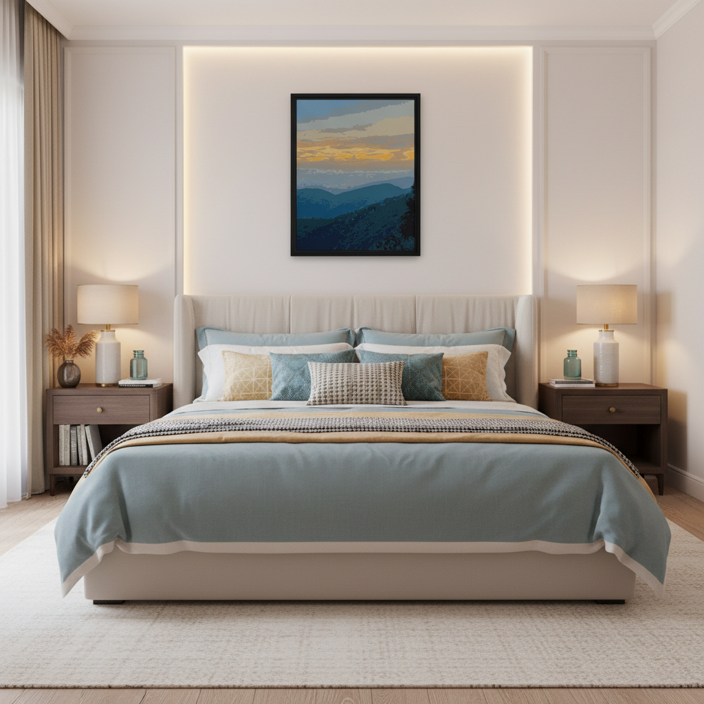 Modern bedroom with a bed, nightstands, and mountain landscape wall art