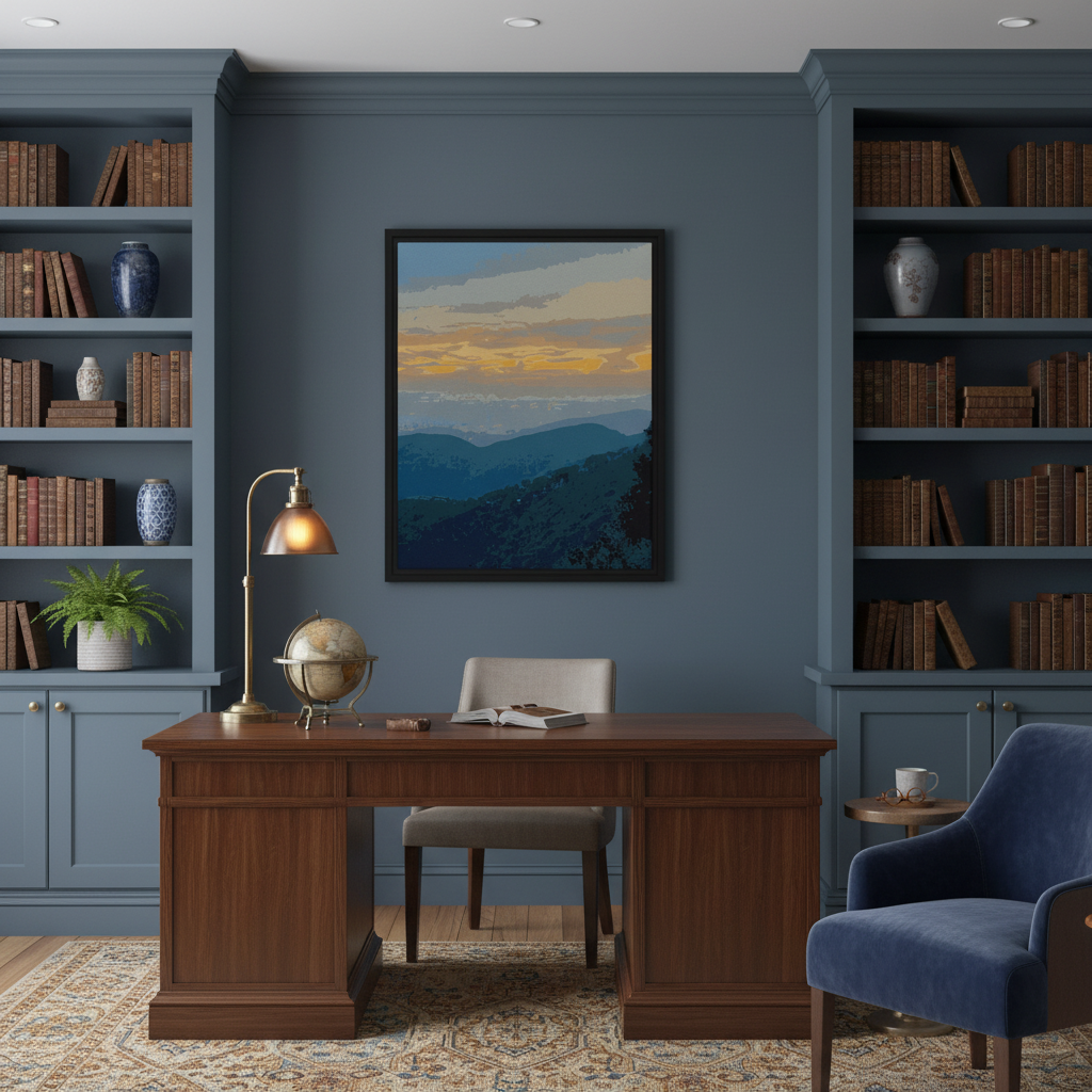 Home office with wooden desk, bookshelves, and a mountain landscape painting on the wall.