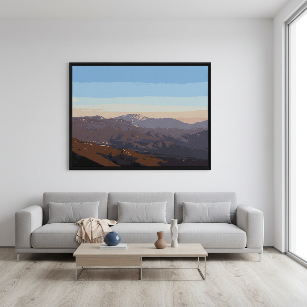 mountain sunset landscape canvas print wall art above a gray sofa in a living room.