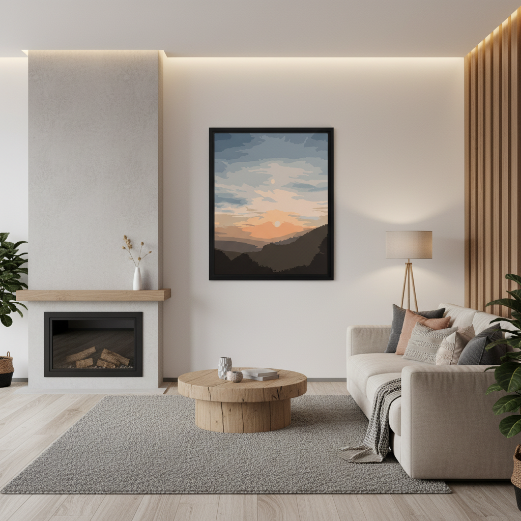 Modern living room with a fireplace, sofa, and mountain sunset wall art