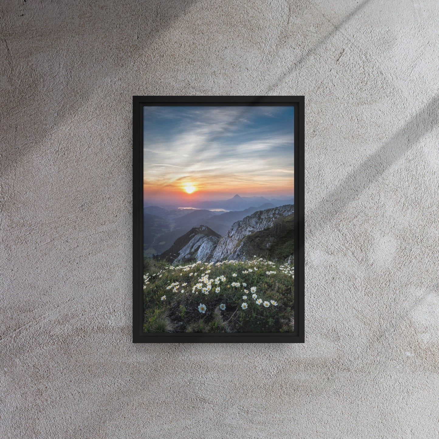 mountain wildflower art on black floater frame 