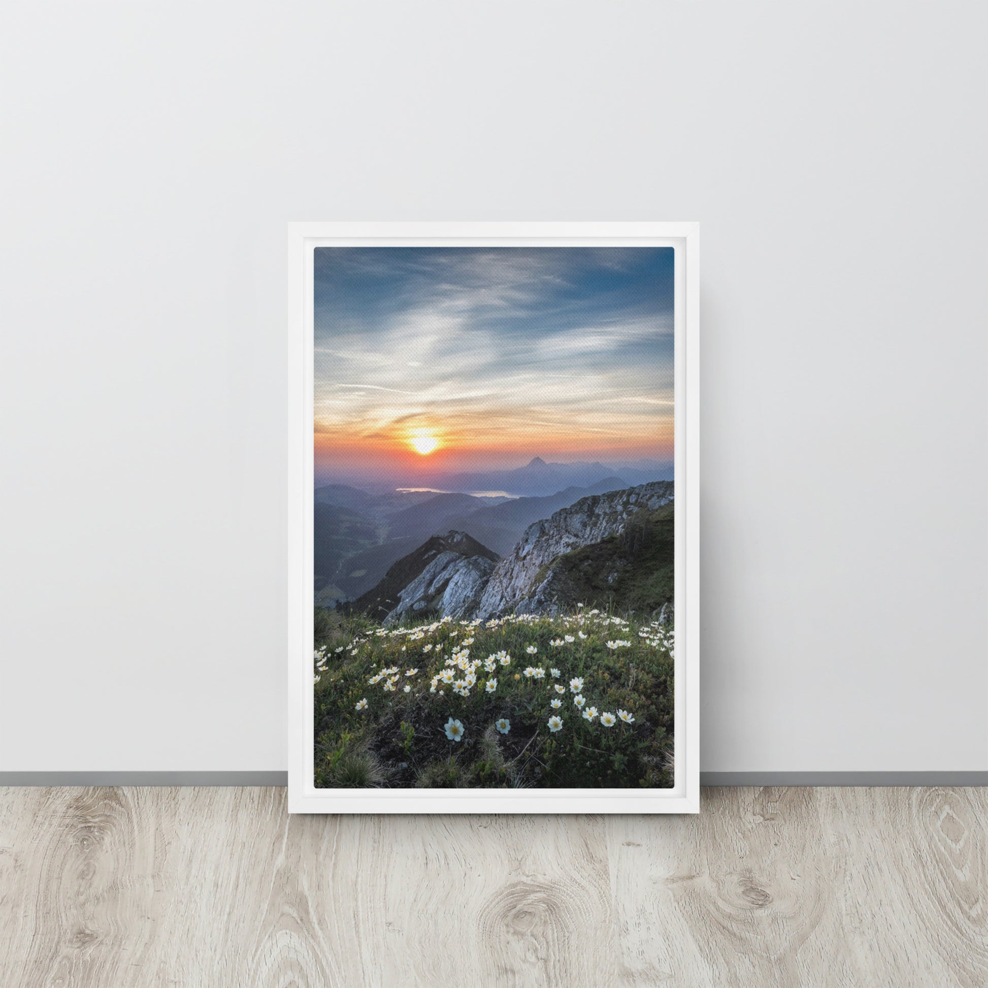 mountain wildflower art on white floater frame 