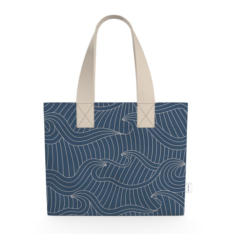 flat lay of cotton canvas tote with ocean design