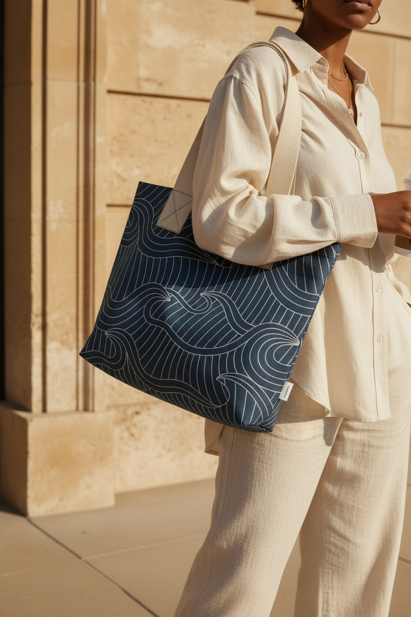 model holding coastal style cotton tote bag 