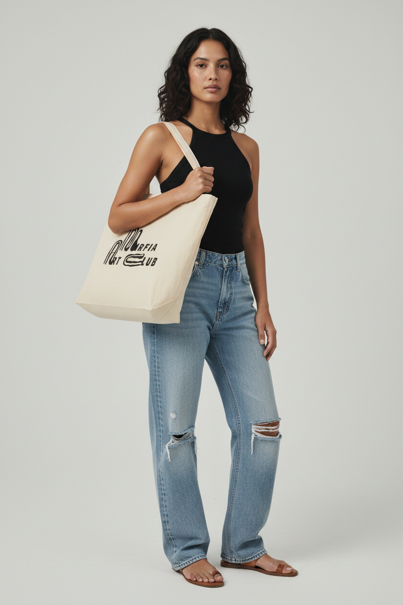 female model holding a beige open top large tote bag against a plain background