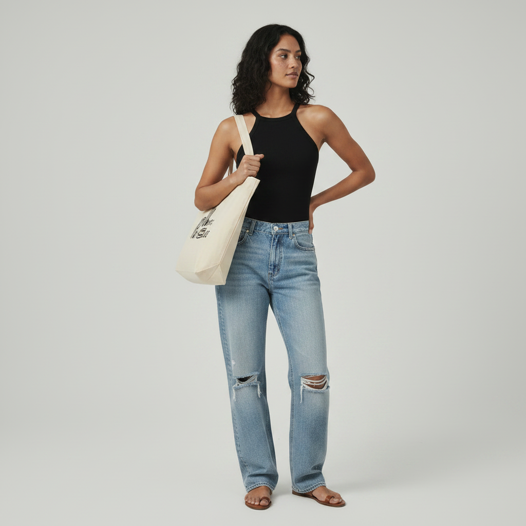 female model holding a large beige open top tote bag on a gray background