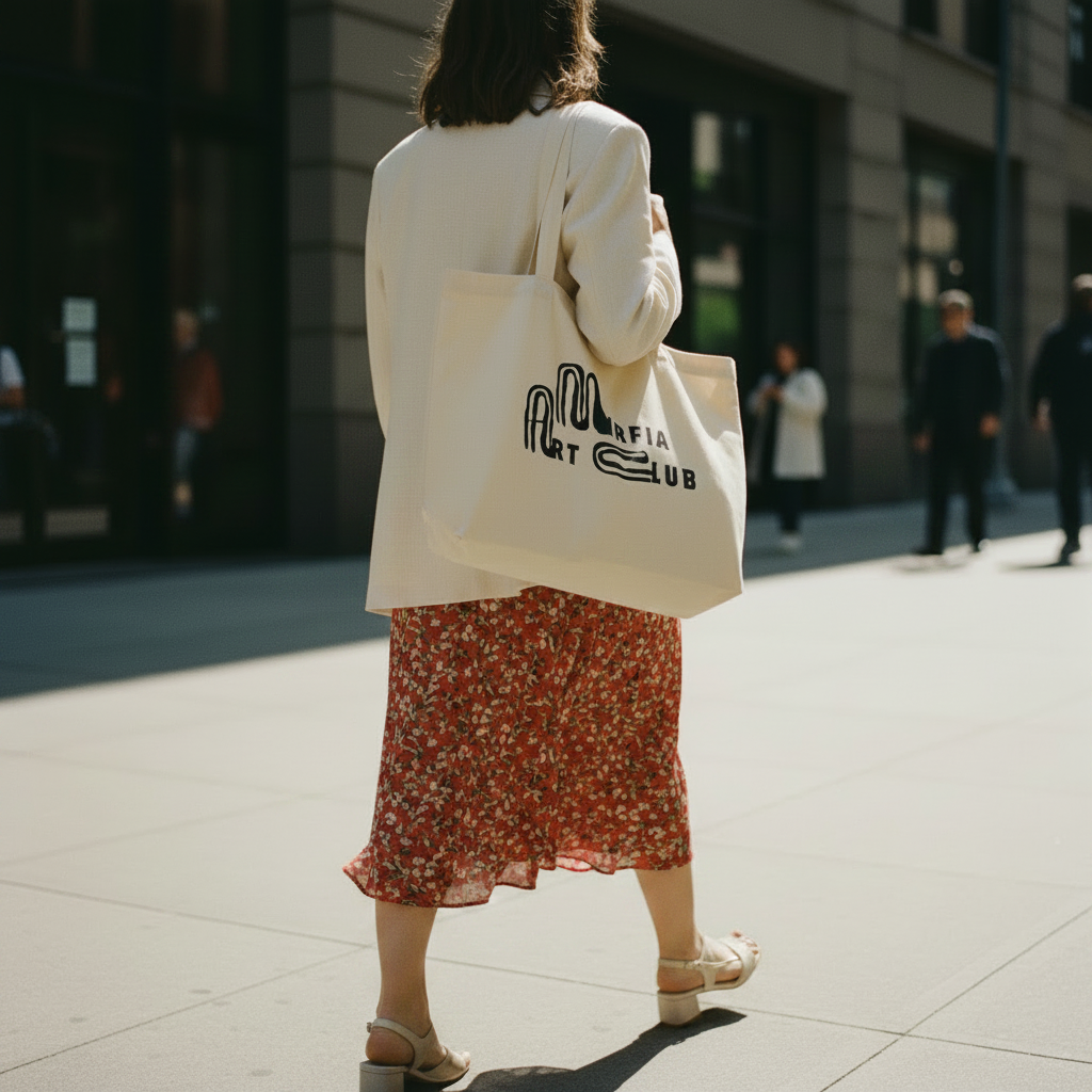 model walking on a city street holding a tote bag with text.