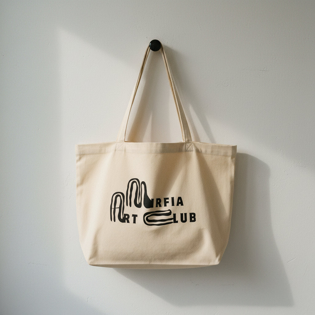 organic cotton art tote bag hanging on a hook