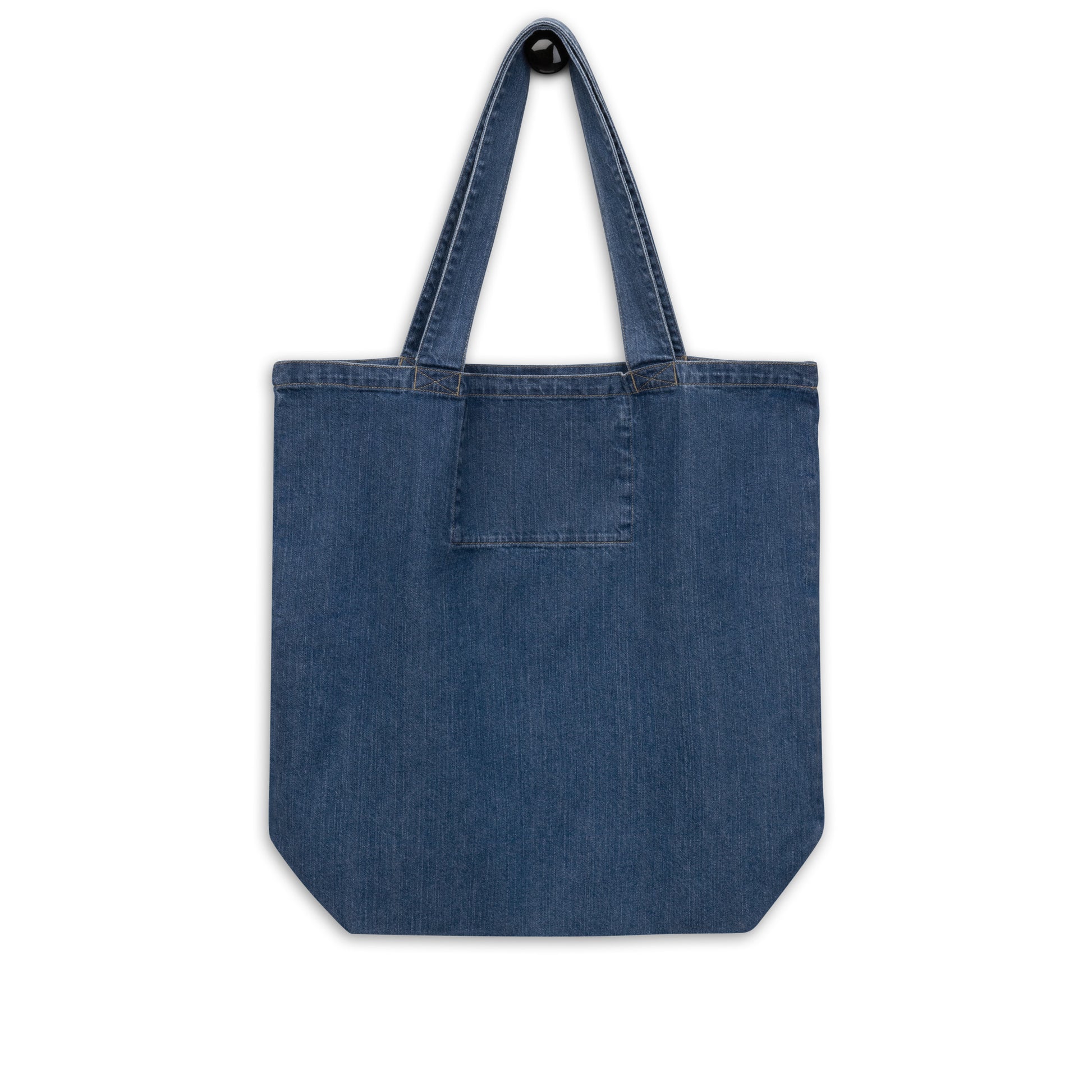 large organic denim tote bag with text 