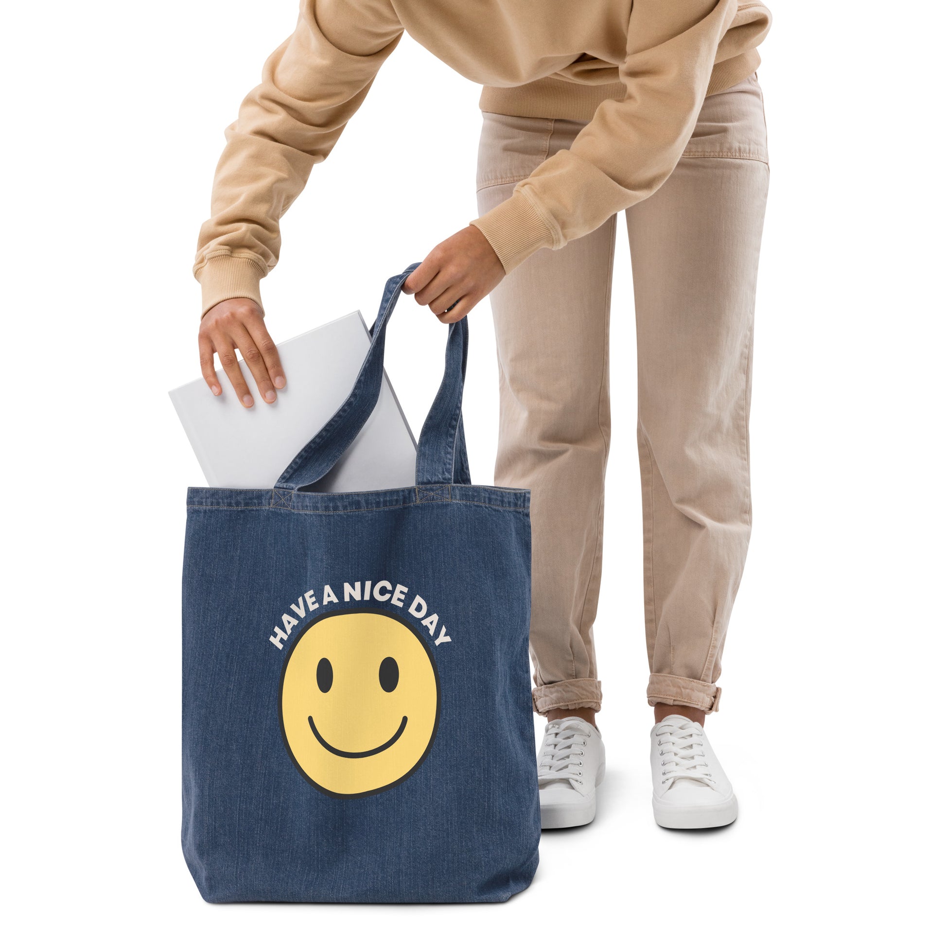 organic denim tote bag smiley face