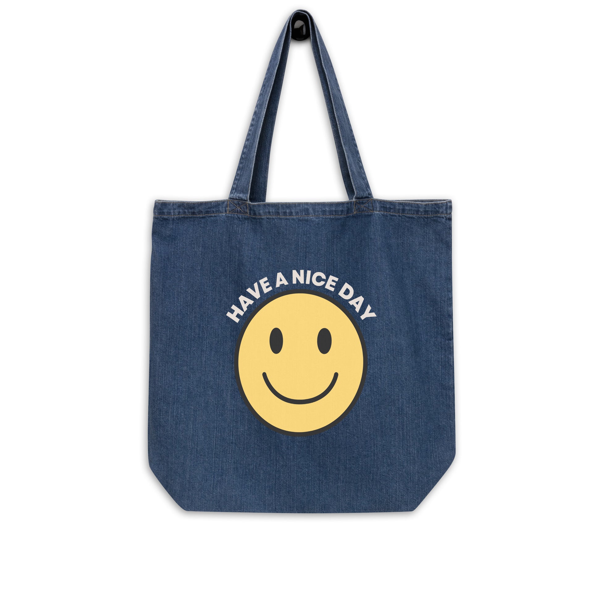 organic denim tote bag smiley face