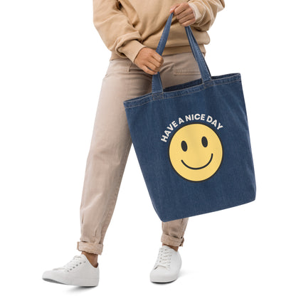 organic denim tote bag smiley face