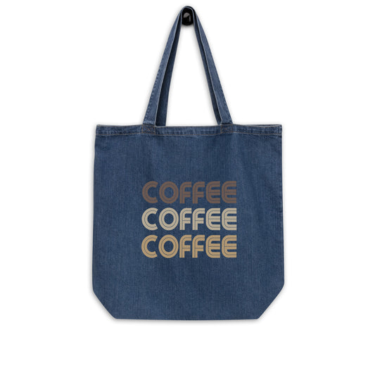 large organic denim tote bag with text 