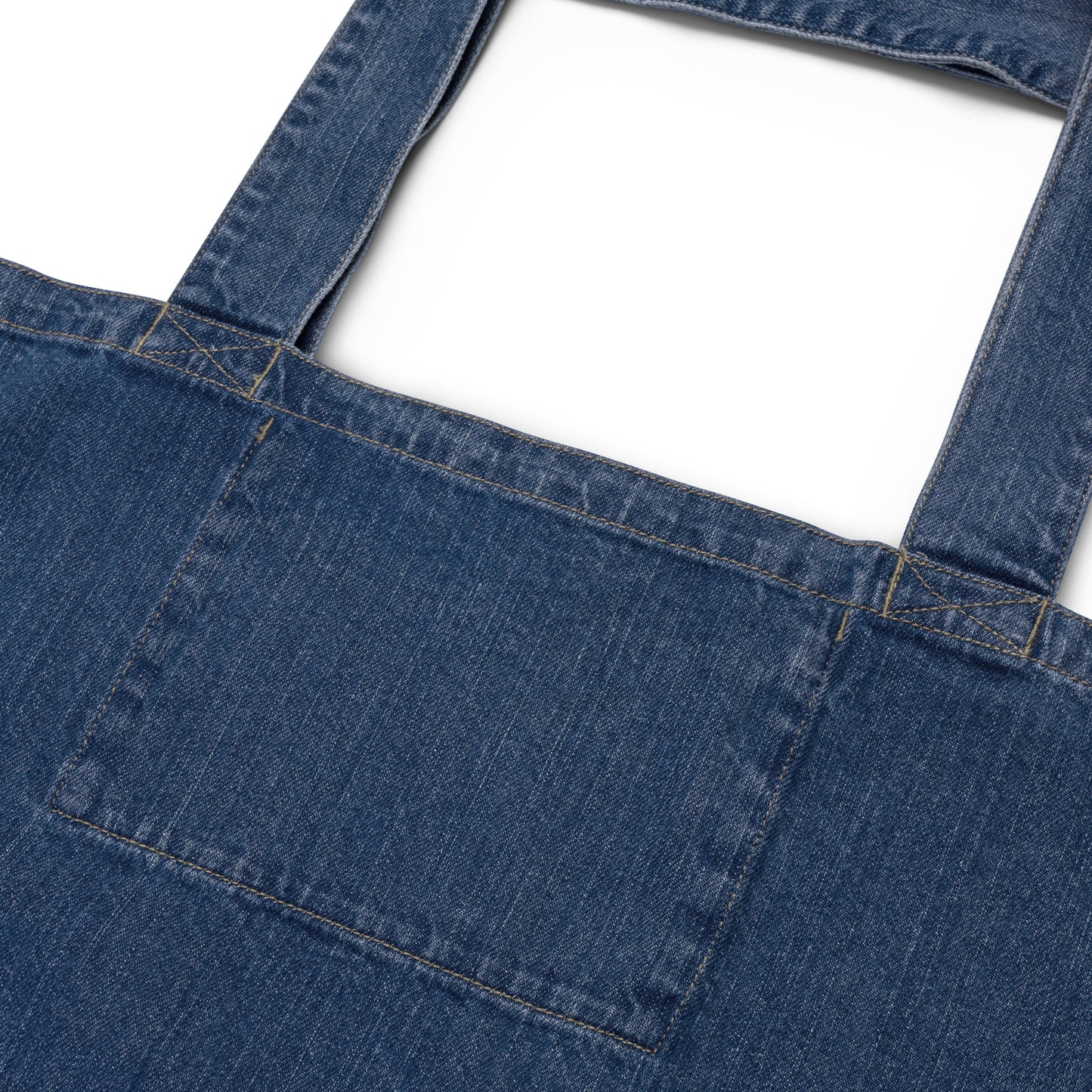 large organic denim tote bag with text 