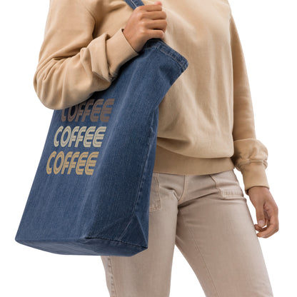 large organic denim tote bag with text 