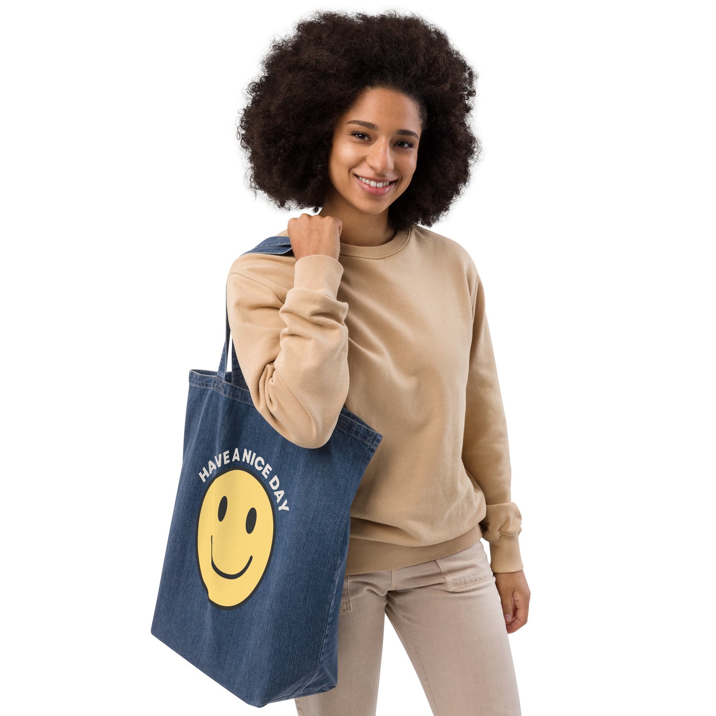 organic denim tote bag smiley face