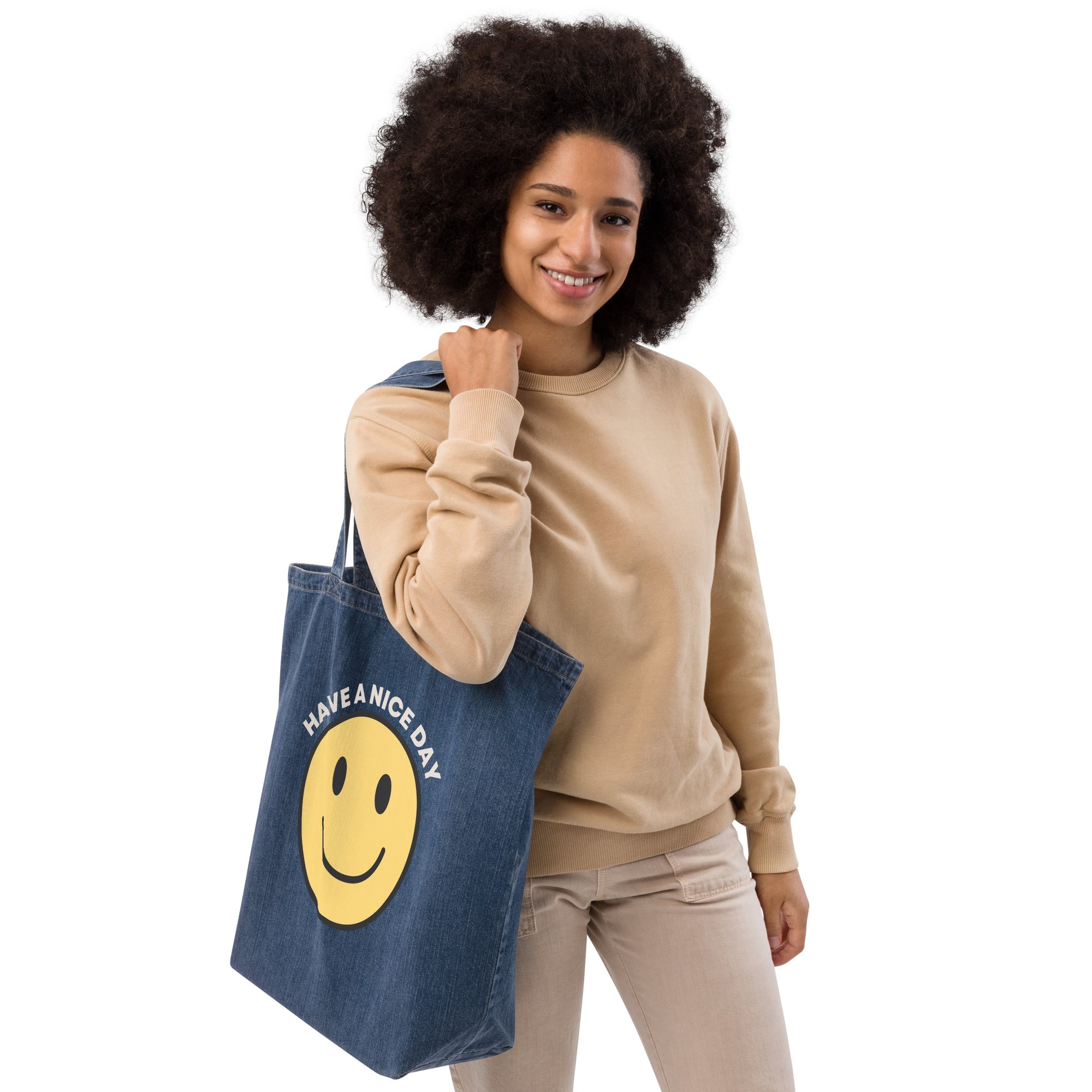Large Organic Denim Smiley Tote Bag - Mirfia