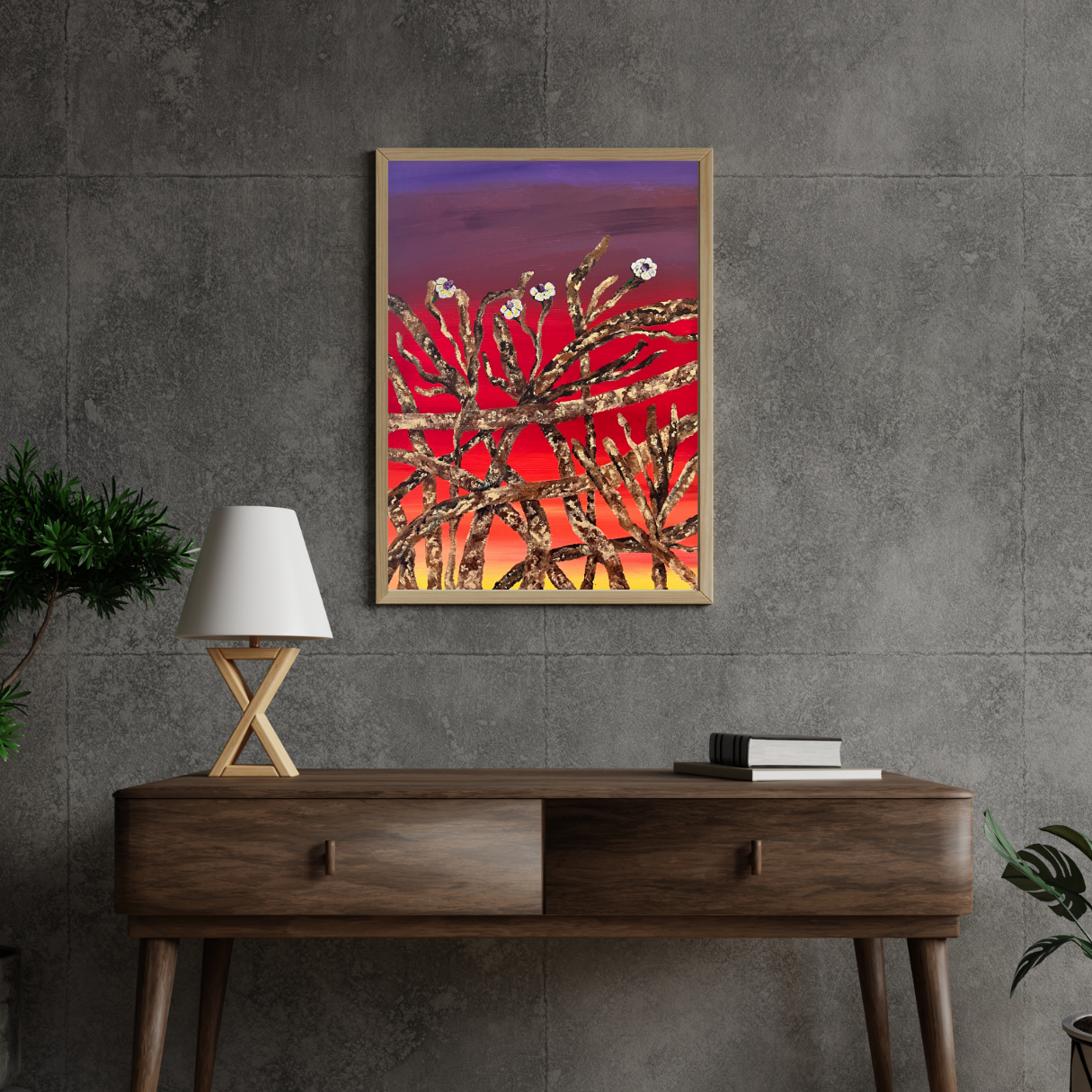 mockup of original floral painting with sunset colors 11x14