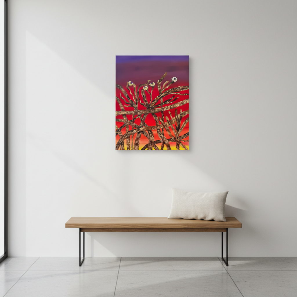 Abstract painting on a white wall above a wooden bench with a white pillow.