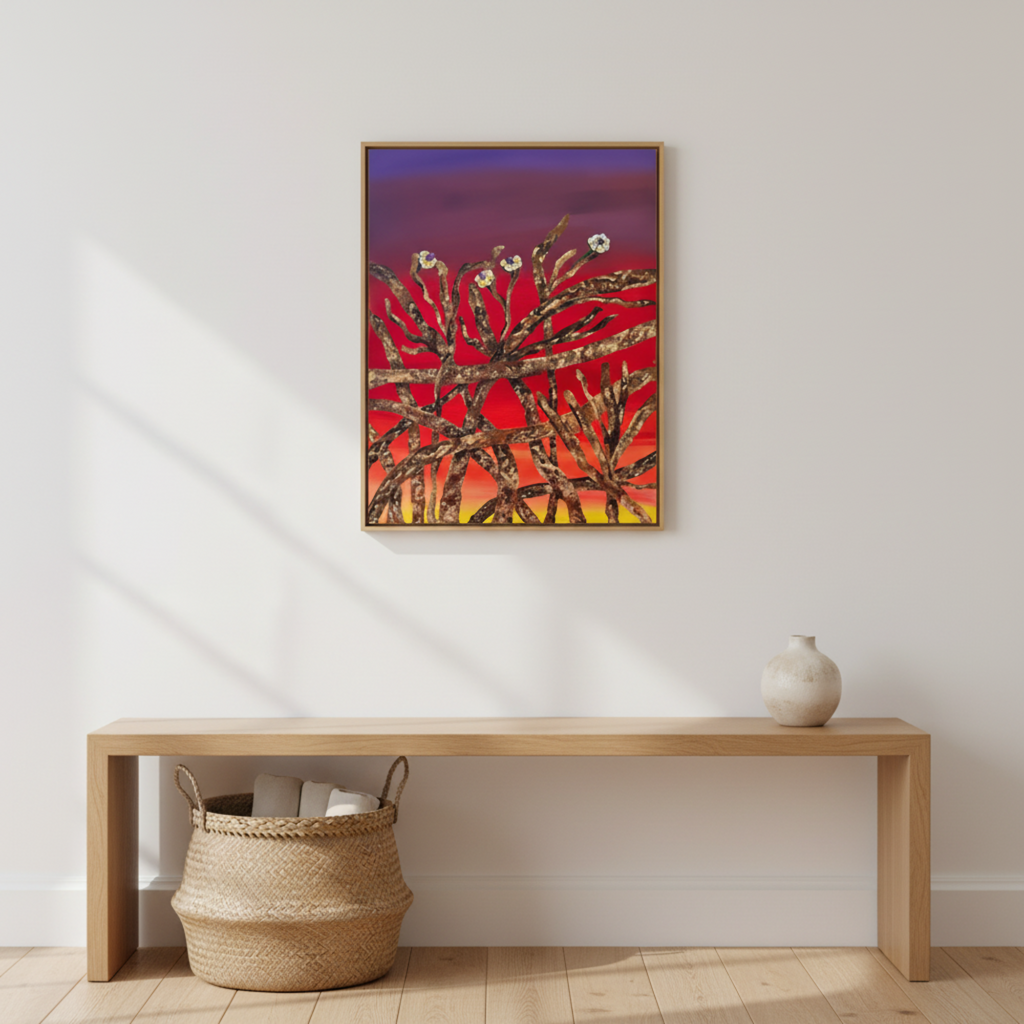 Abstract painting on a wall above a wooden bench with a woven basket and vase.