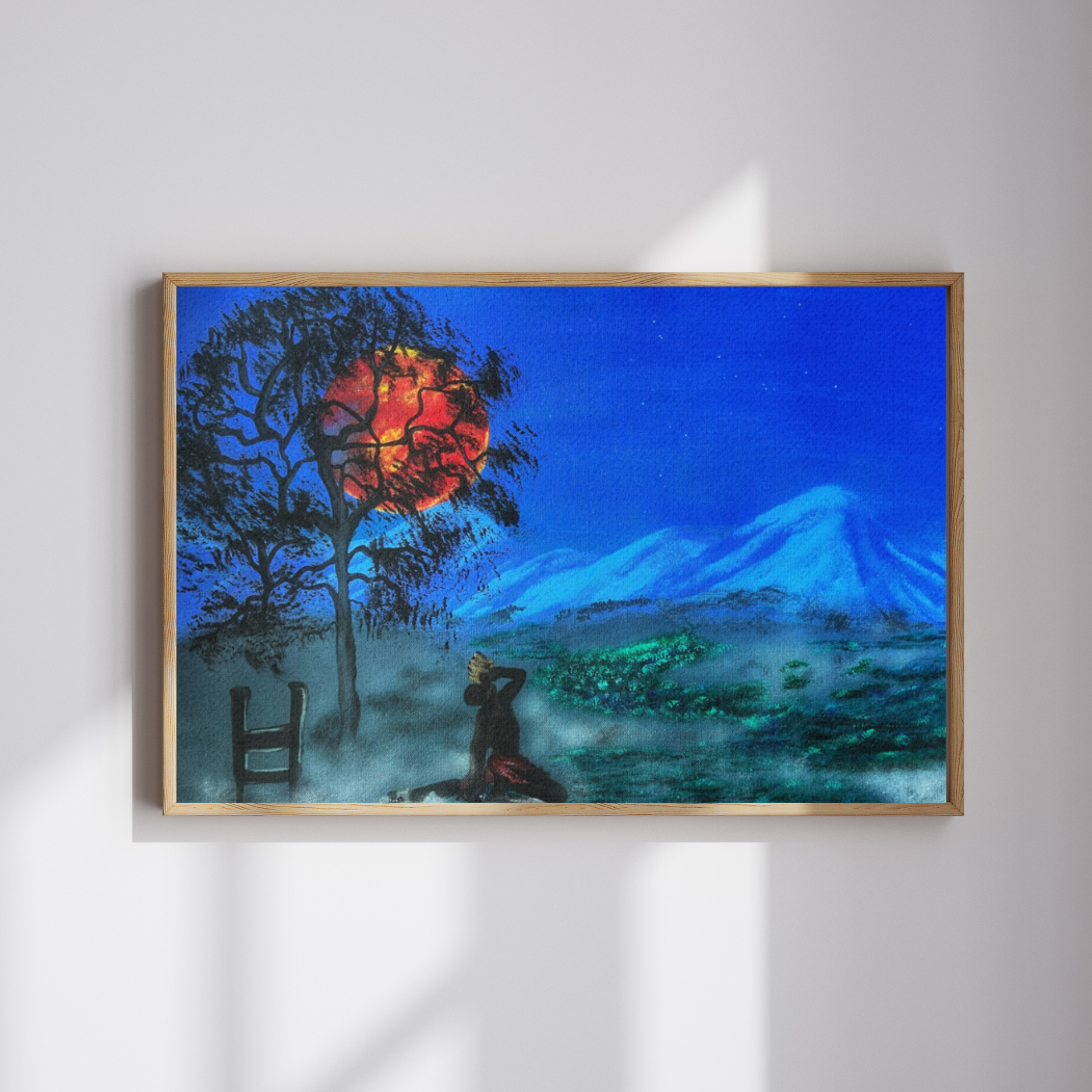 Blue painting with mountain background 