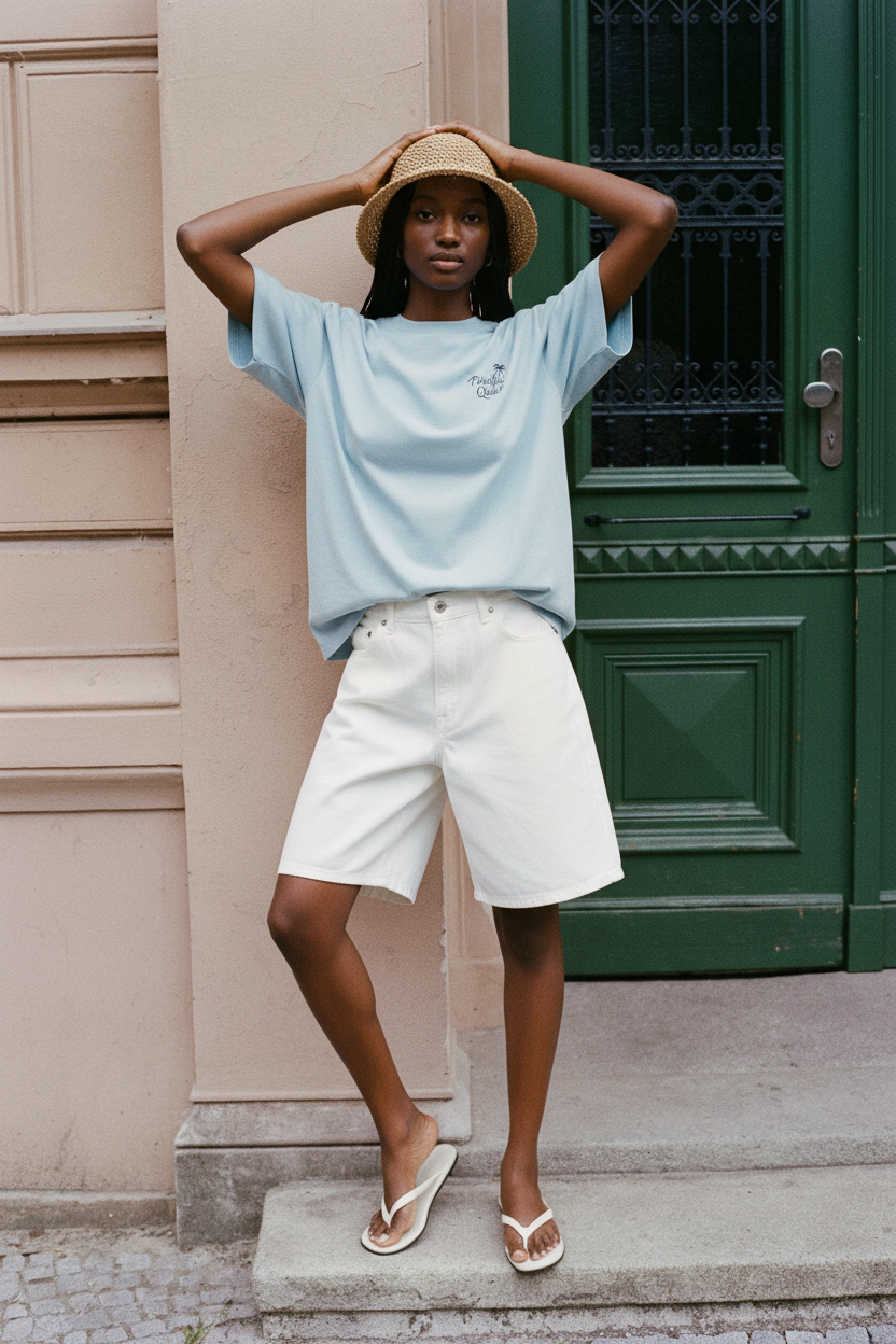Rochelle – Green Door Background, Sky Blue Tee
