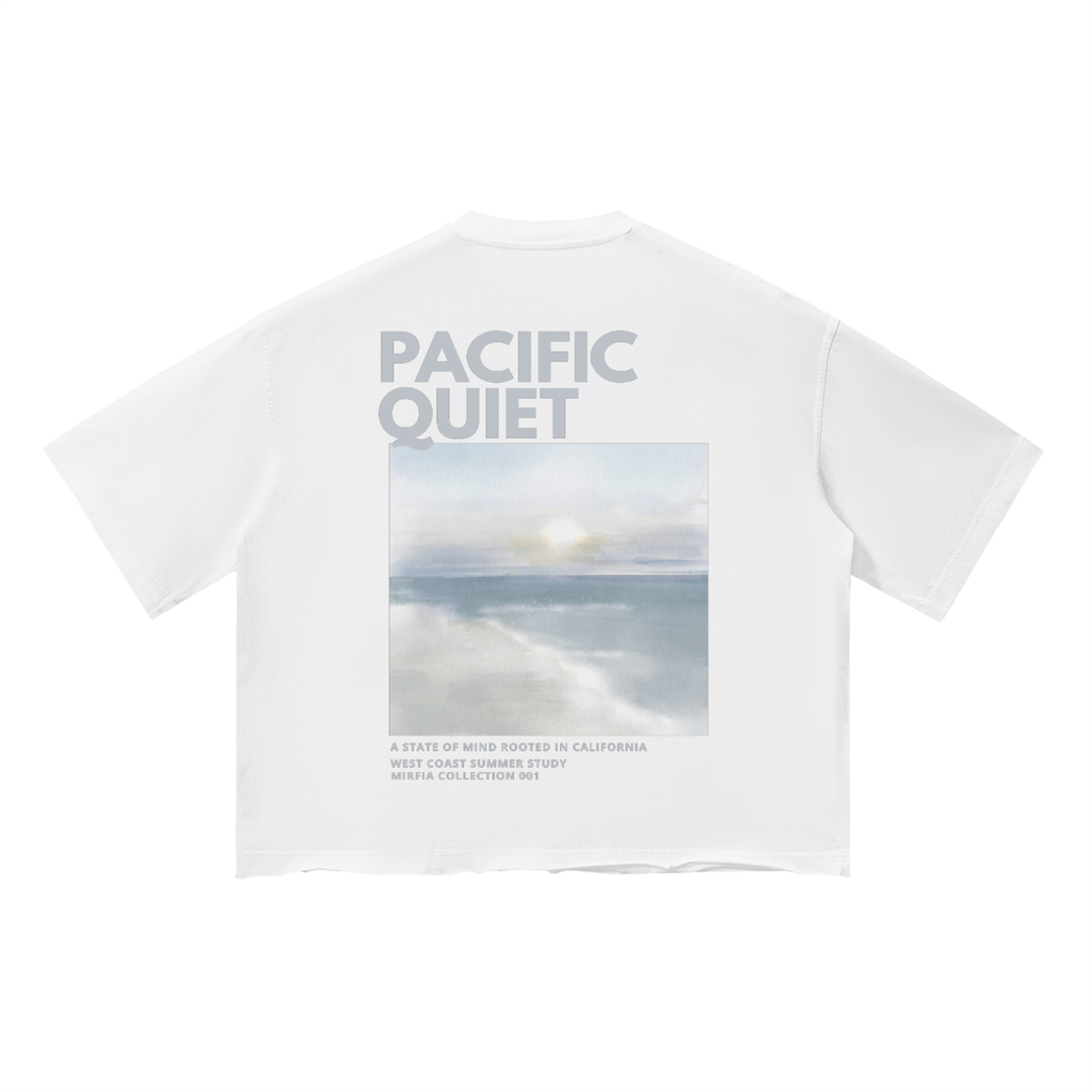 back view of white vintage wash boxy t-shirt with back graphic and text