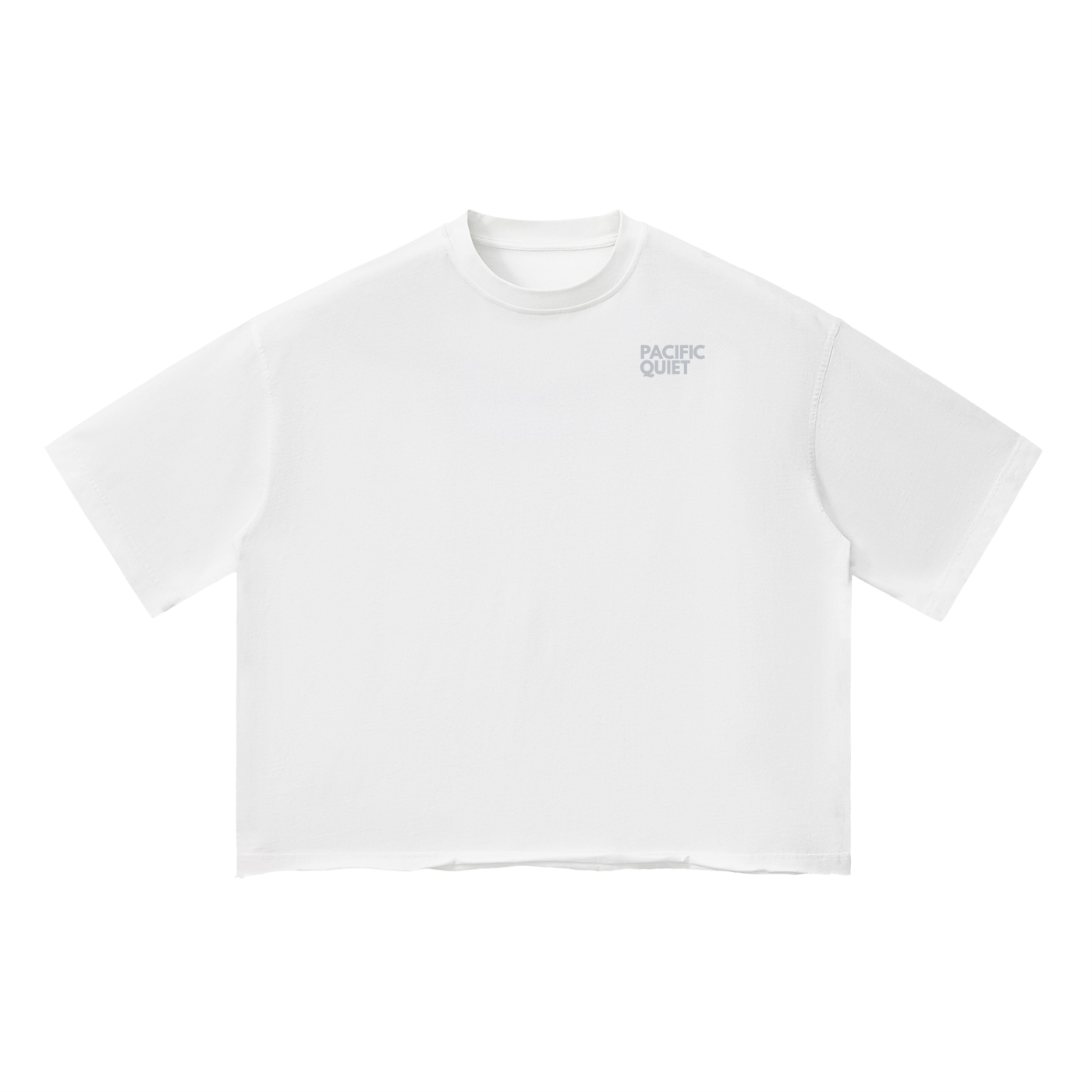 vintage wash white t-shirt with 'pacific quiet' text on the front