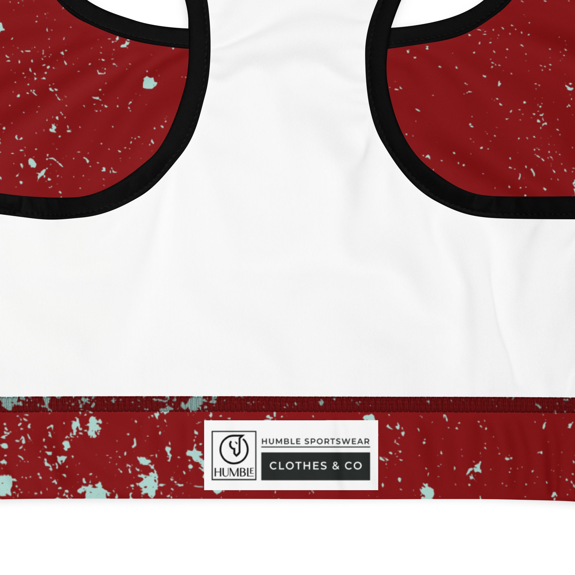 women's paint splatter sports bra back view with logo