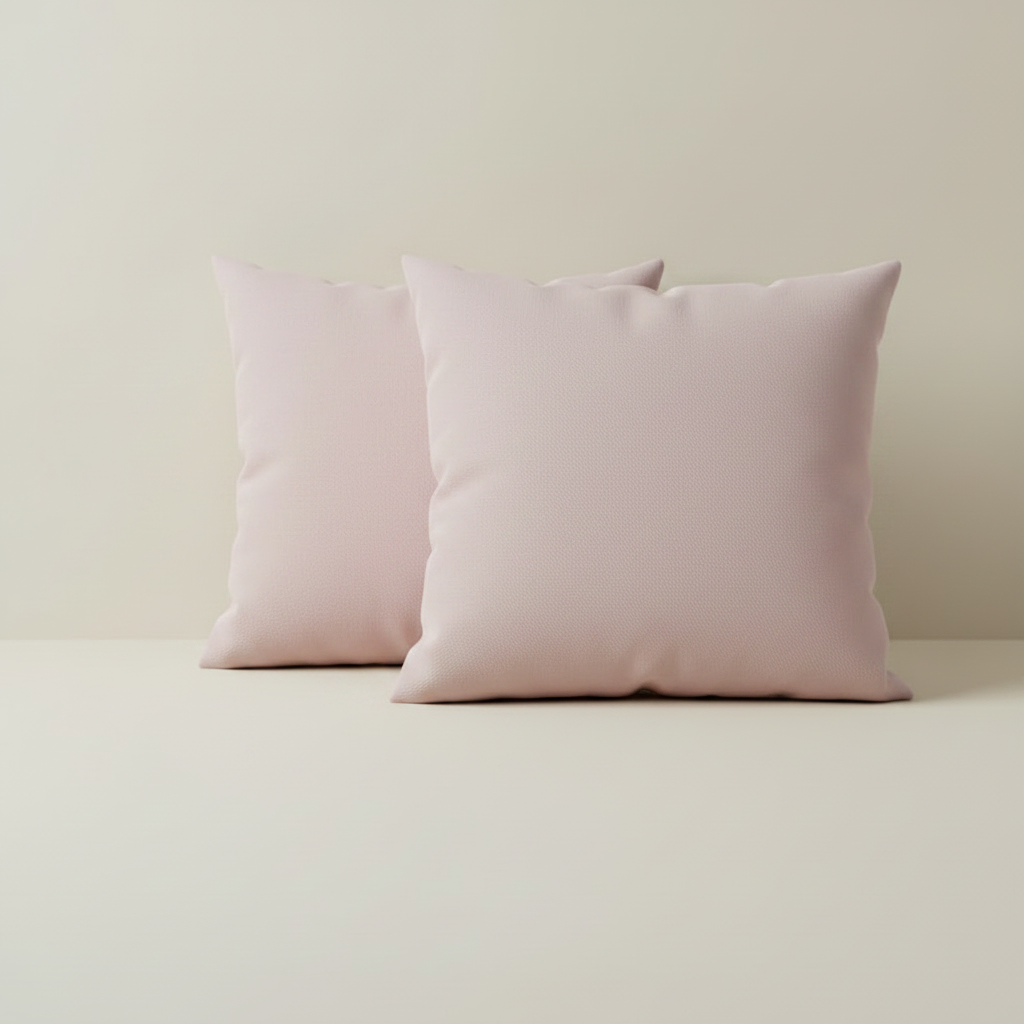 set of two pink archway brushed twill cotton pillows on a beige surface 