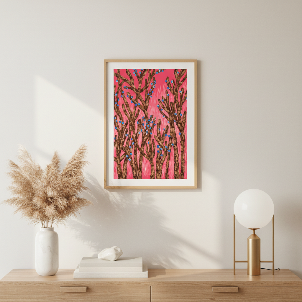 Framed contemporary pink abstract wall art on a wall above a wooden console table with decorative items.